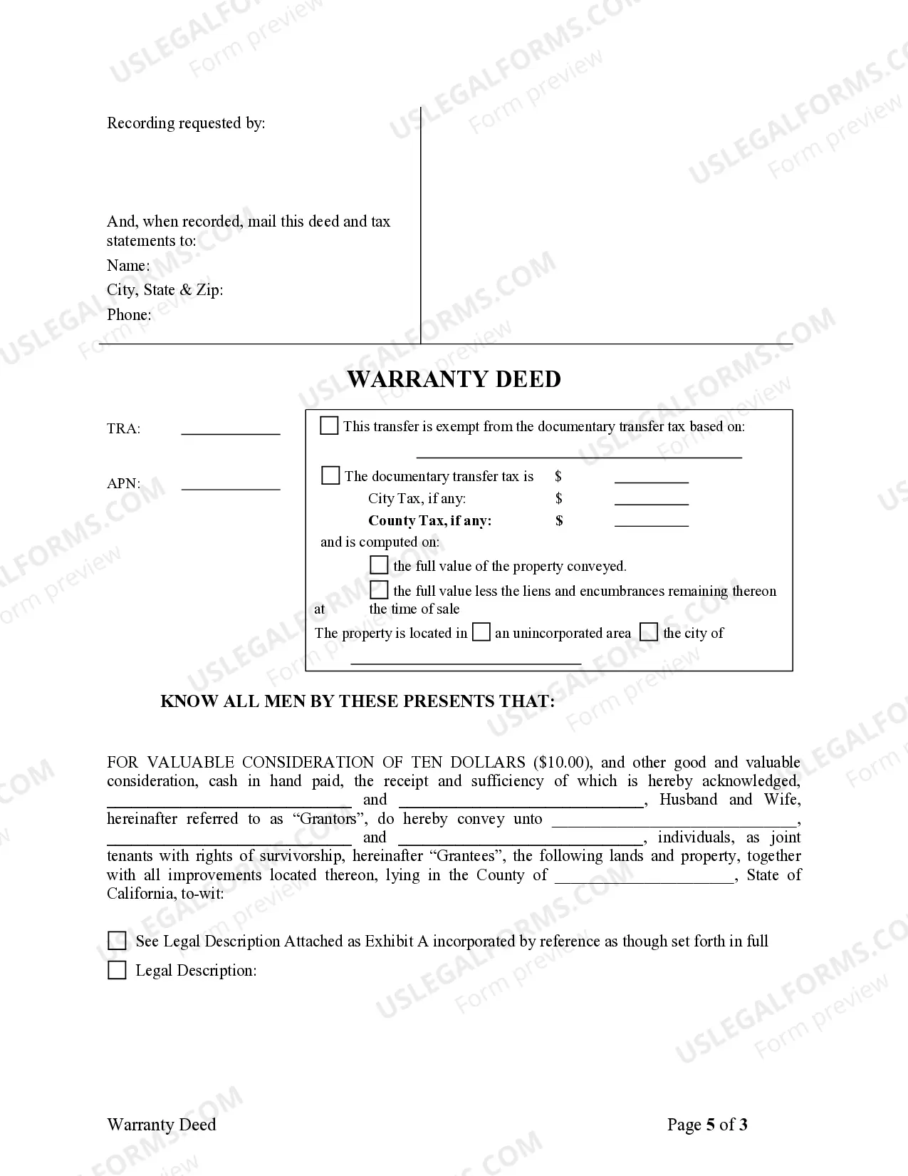 Preview Warranty Deed for Husband and Wife to Three Individuals as Joint Tenants
