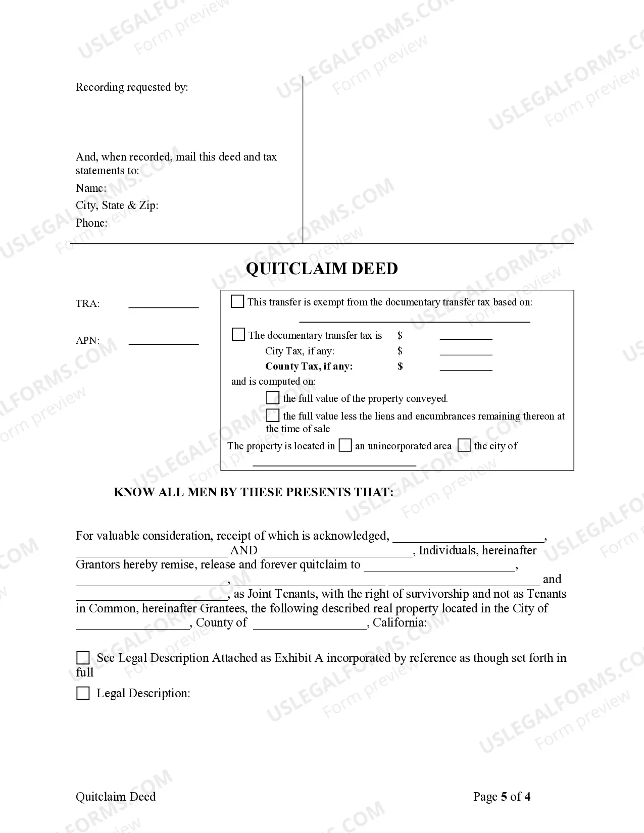 Preview Quitclaim Deed for Three Individuals to Five Individuals as Joint Tenants