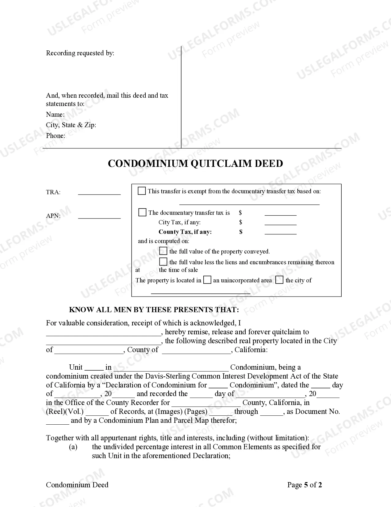 Preview Condominium Quitclaim Deed for Individual to Individual