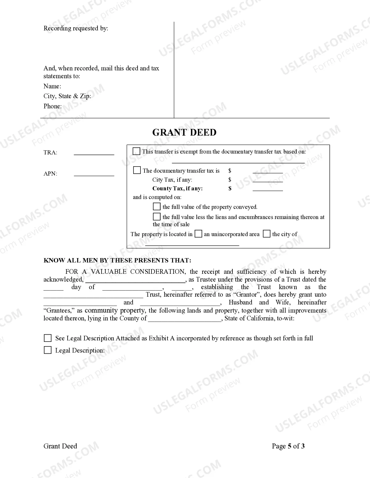 Preview Grant Deed from a Trust to a Husband and Wife