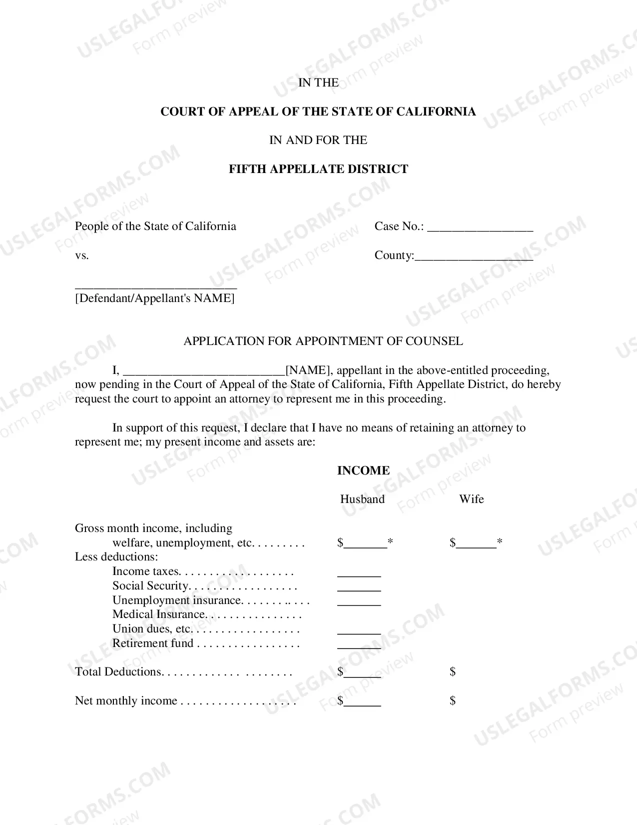 Preview Application For Appointment Of Counsel (Non-Incarcerated) (Fifth District)