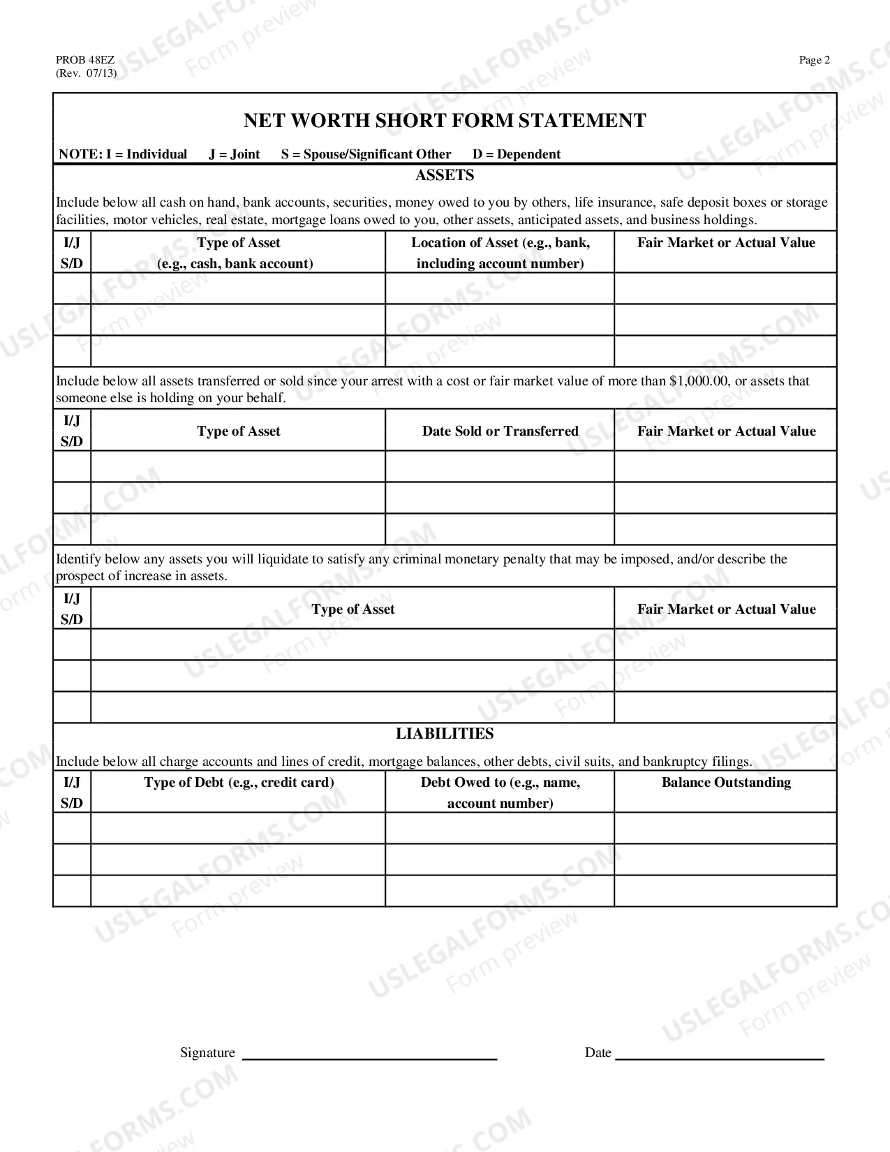 Preview Net Worth Short Form Statement