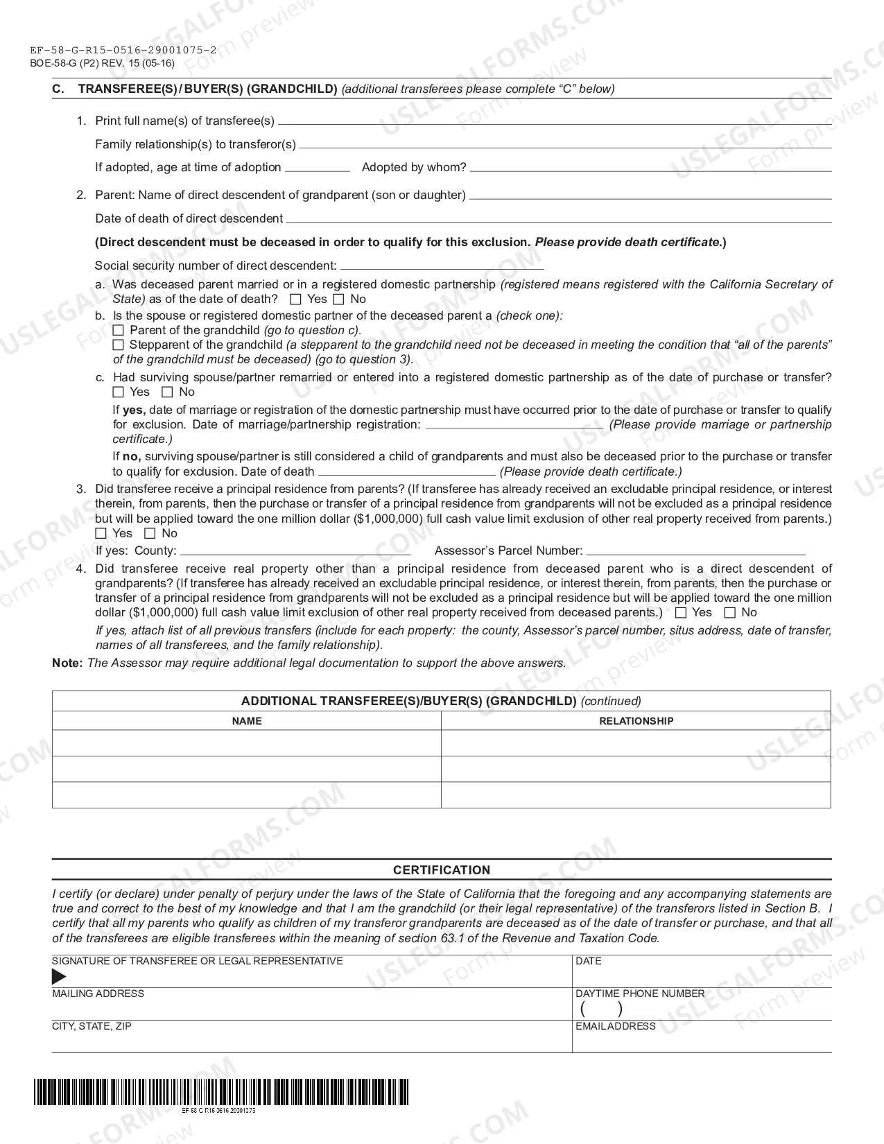 Preview Claim For Reassessment Exclusion For Transfer From Grandparent To Grandchild (Orange County)