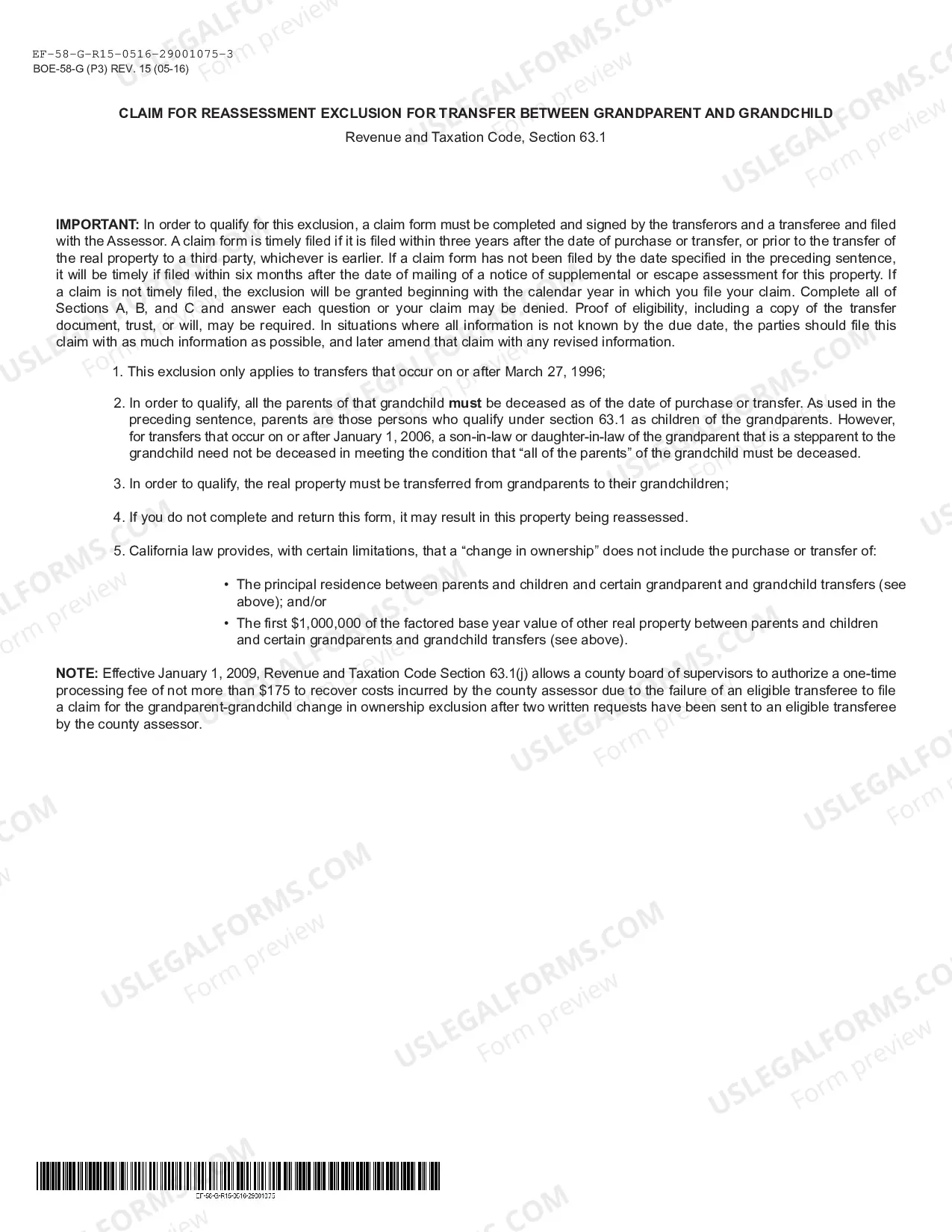 Preview Claim For Reassessment Exclusion For Transfer From Grandparent To Grandchild (Orange County)