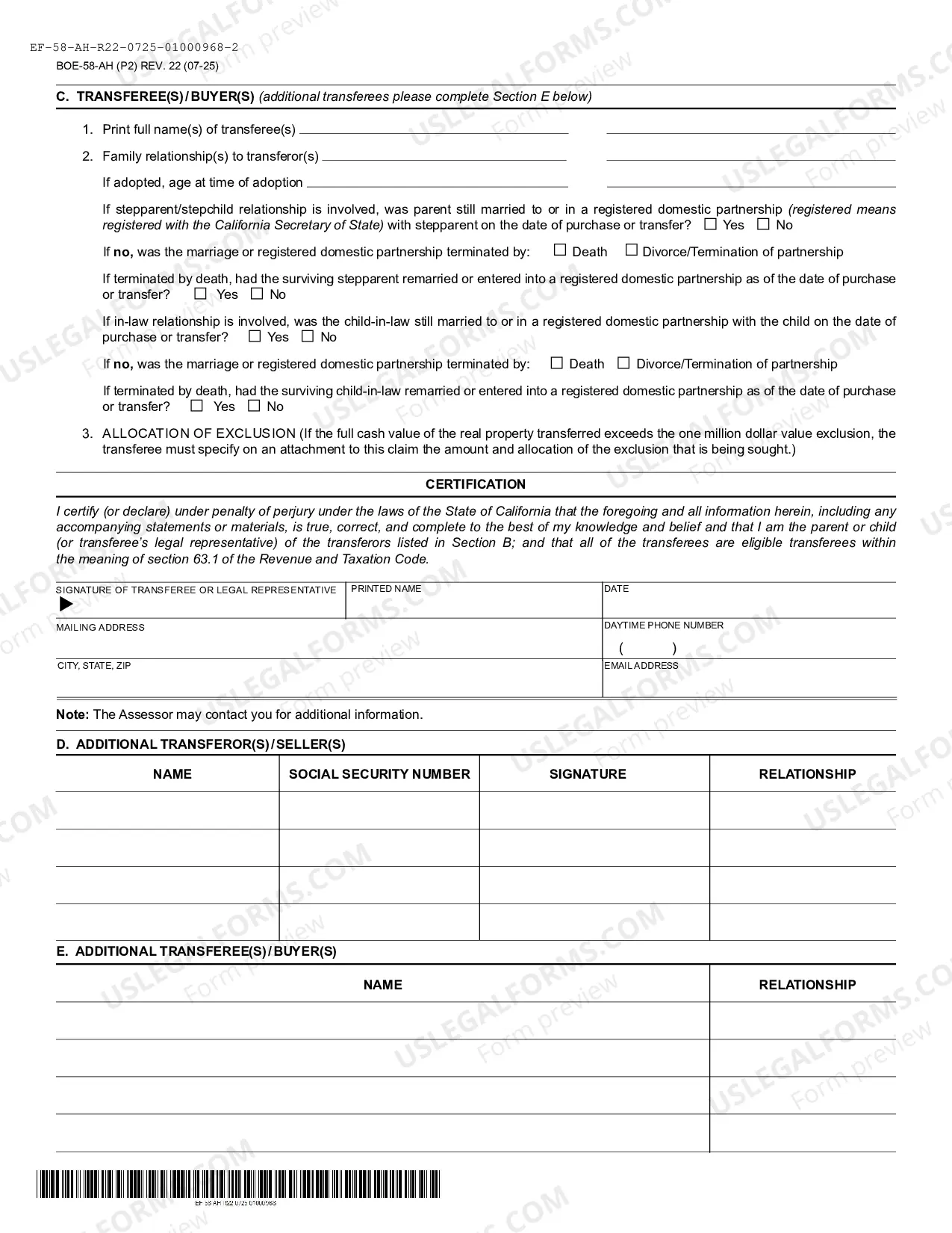 Preview Claim For Reassessment Exclusion For Transfer Between Parent And Child (Alameda County)