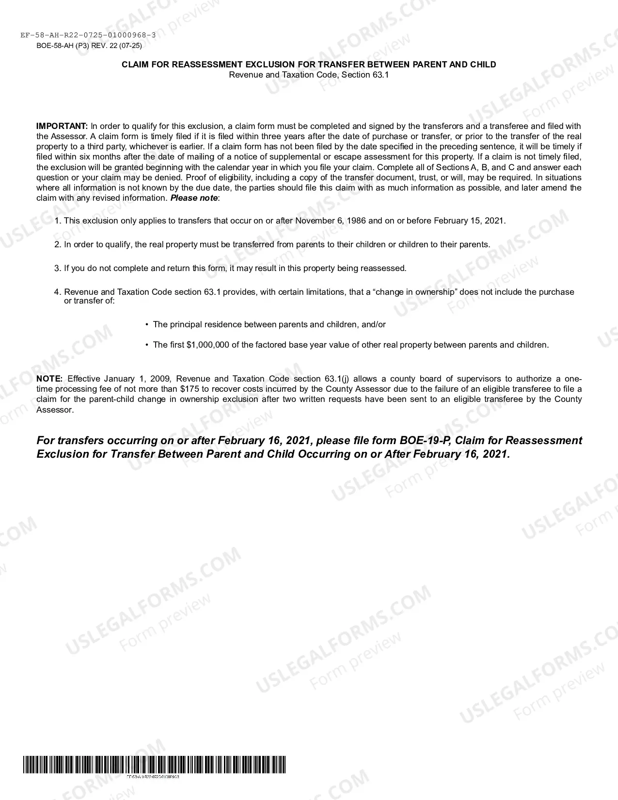 Preview Claim For Reassessment Exclusion For Transfer Between Parent And Child (Alameda County)
