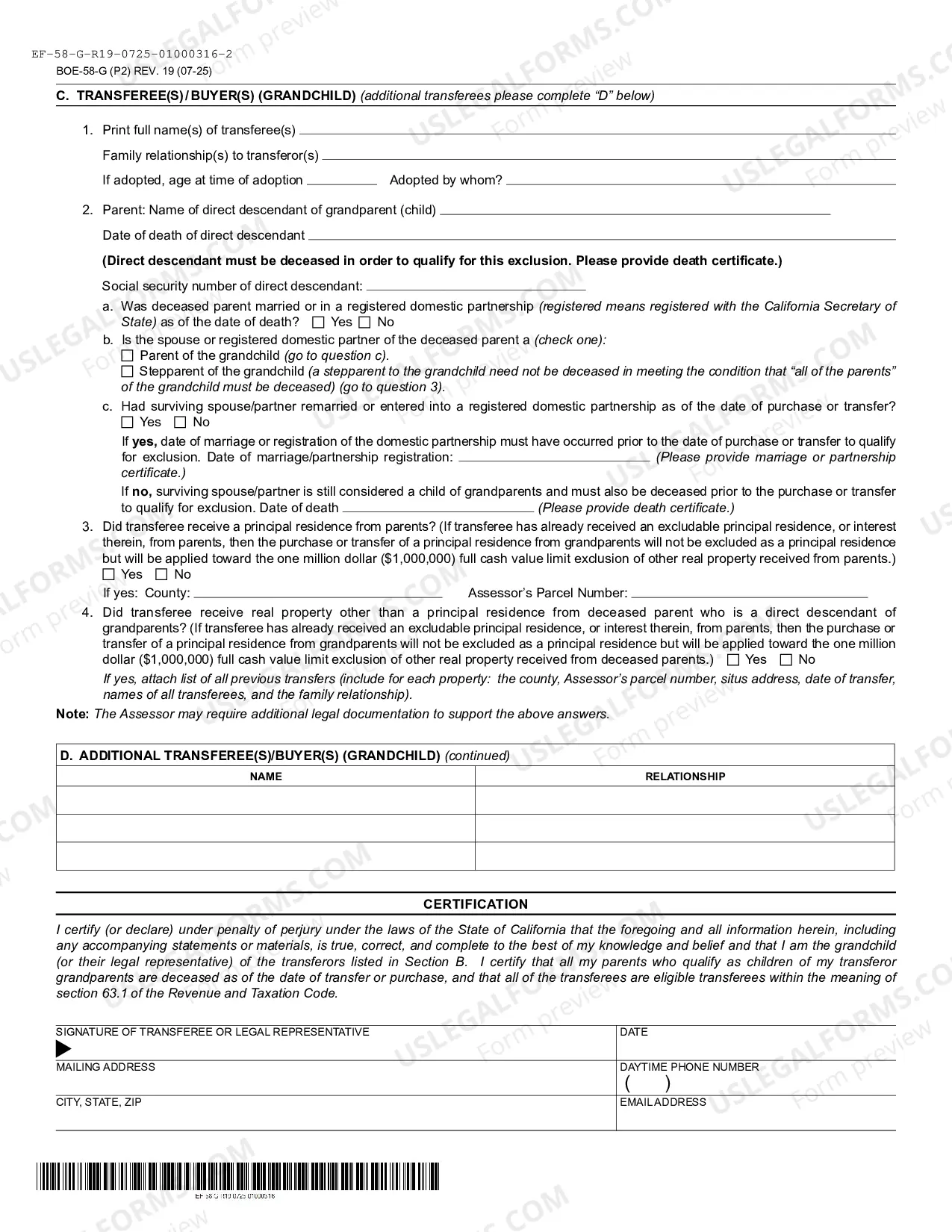 Preview Claim For Reassessment Exclusion For Transfer From Grandparent To Grandchild (Alameda County)