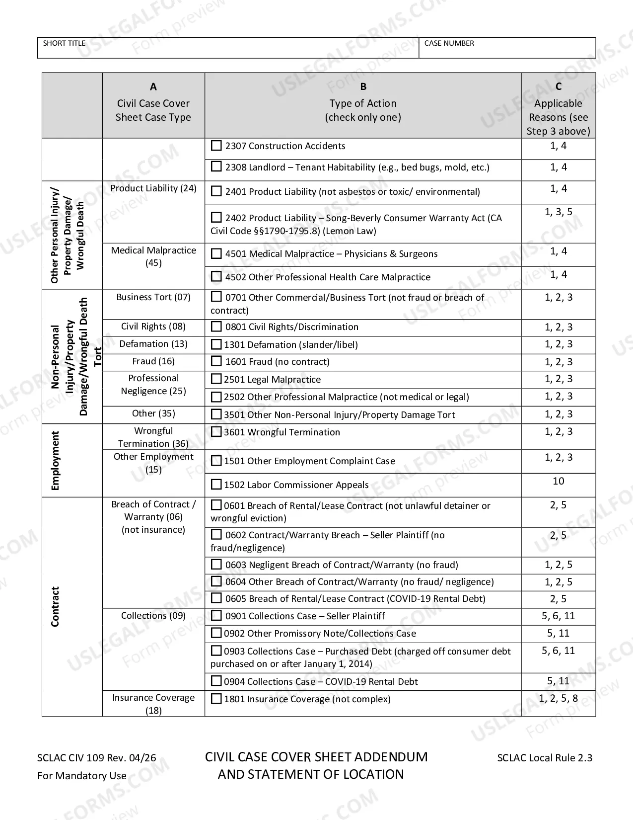 Preview Civil Case Cover Sheet Addendum And Statement Of Location