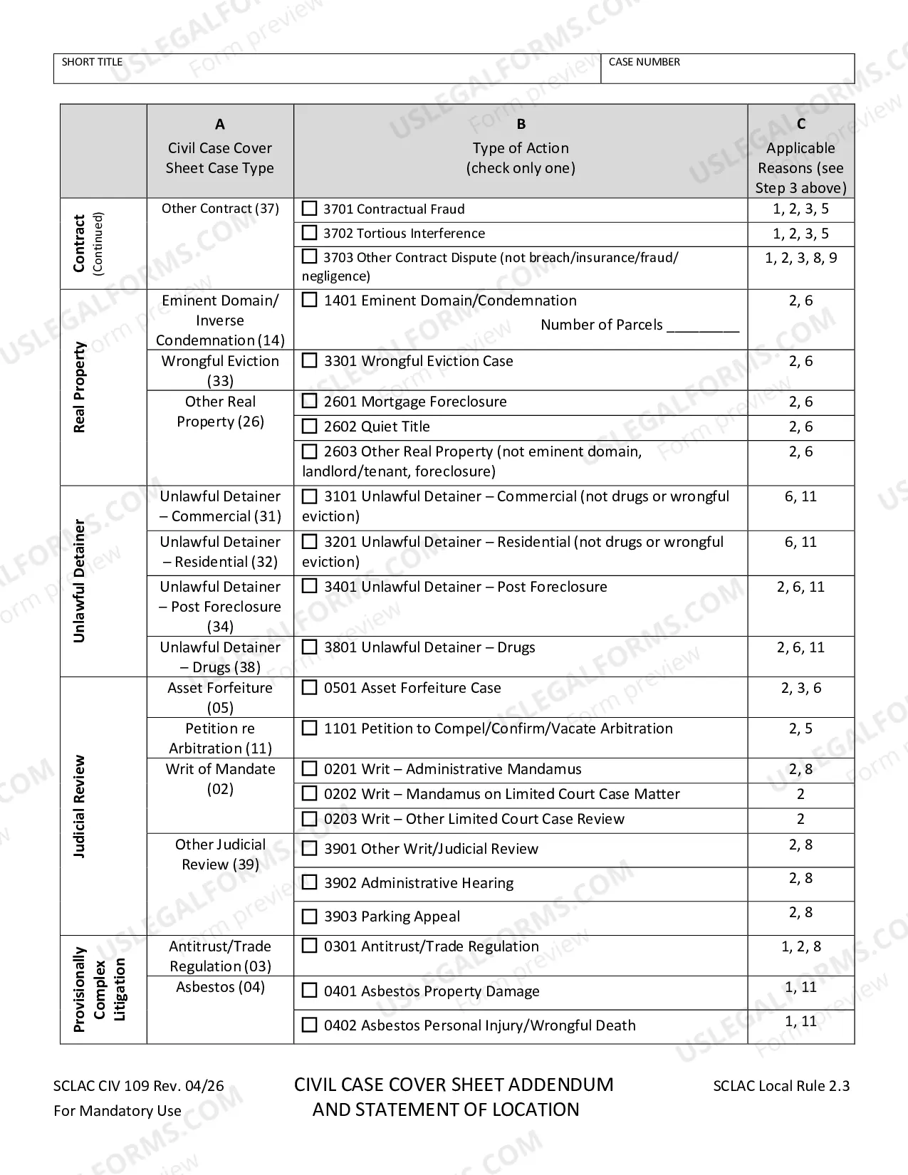 Preview Civil Case Cover Sheet Addendum And Statement Of Location