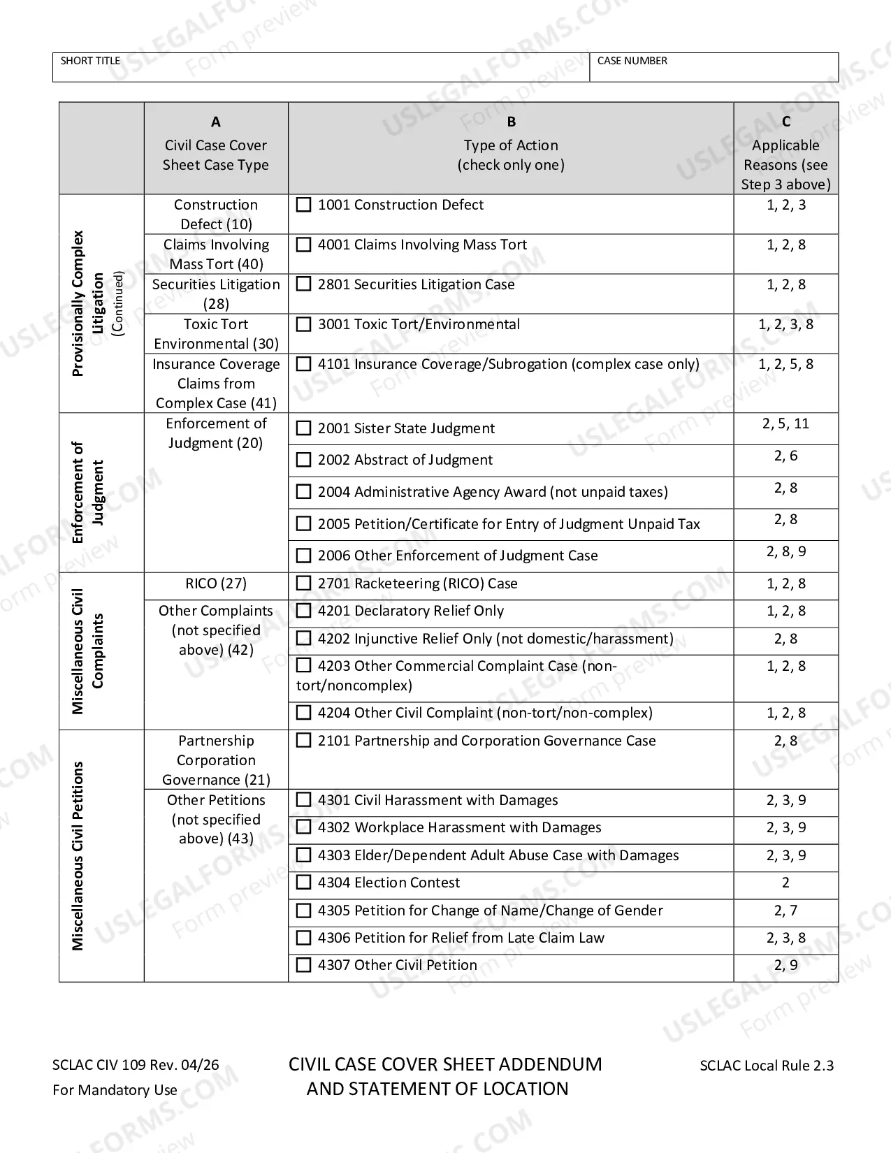 Preview Civil Case Cover Sheet Addendum And Statement Of Location