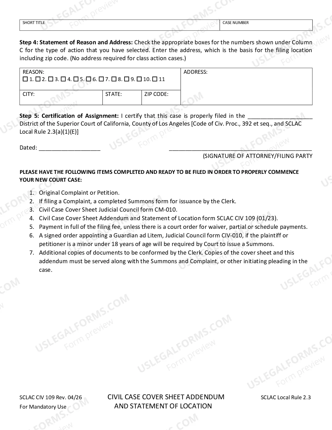 Preview Civil Case Cover Sheet Addendum And Statement Of Location
