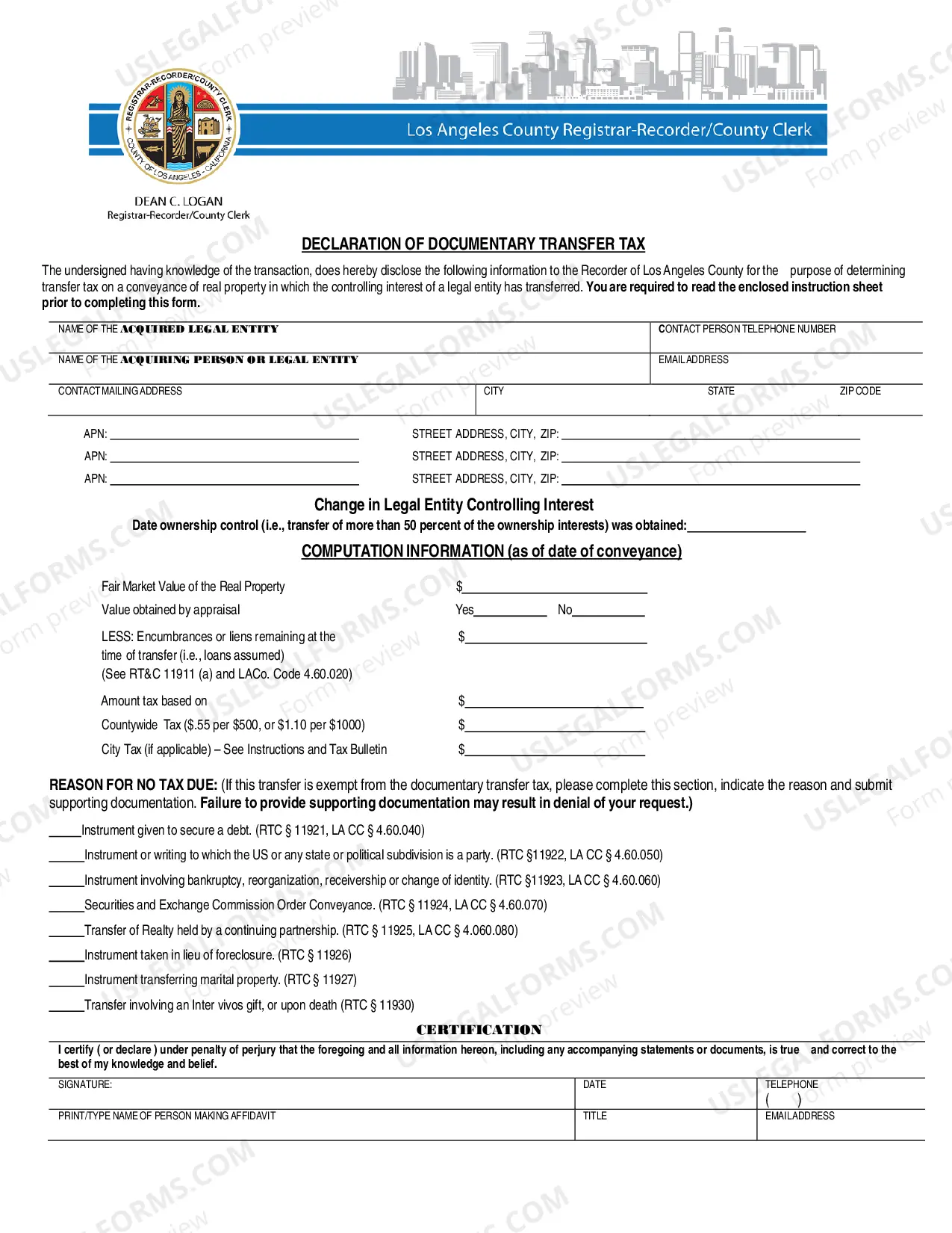 Preview Declaration Of Documentary Transfer Tax