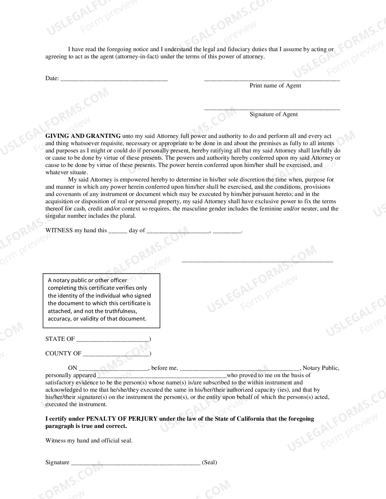 Preview Power Of Attorney General (Includes Durable Power Of Attorney) (Los Angeles)