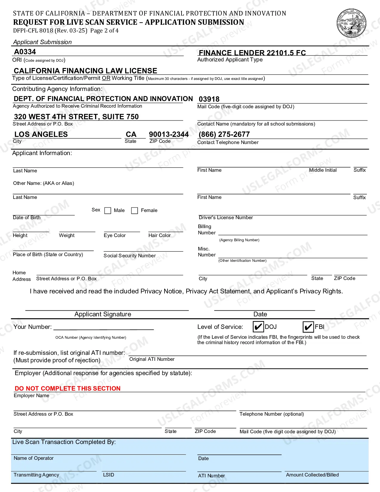 Preview Request For Live Scan Service (Los Angeles)