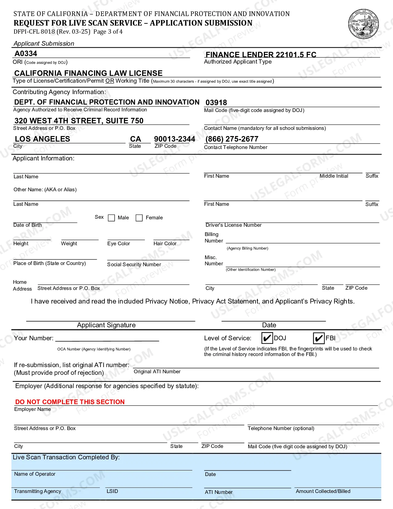 Preview Request For Live Scan Service (Los Angeles)