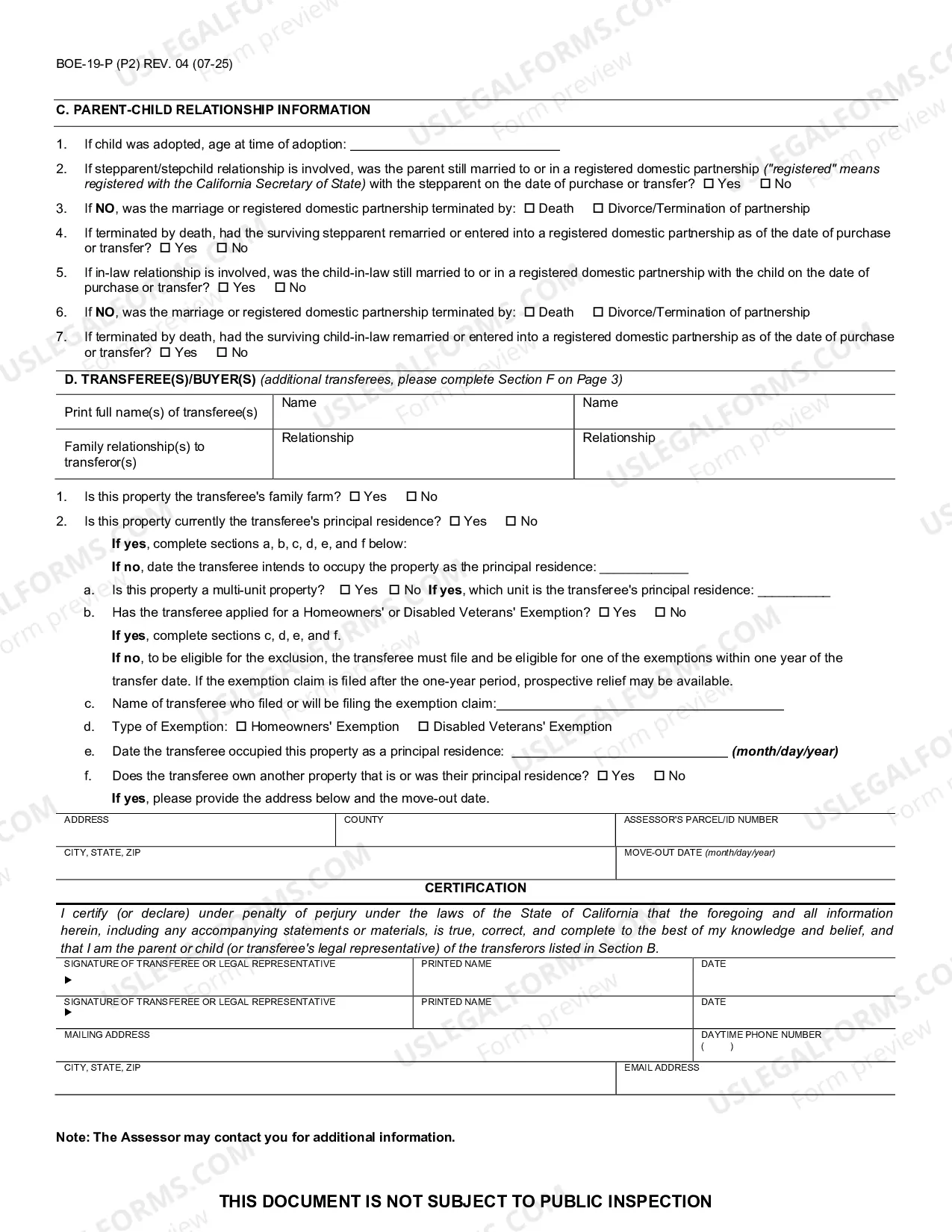 Preview Claim For Reassessment Exclusion For Transfer Between Parent And Child (Napa County)