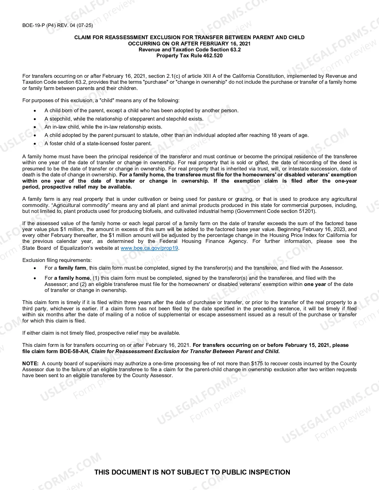 Preview Claim For Reassessment Exclusion For Transfer Between Parent And Child (Napa County)