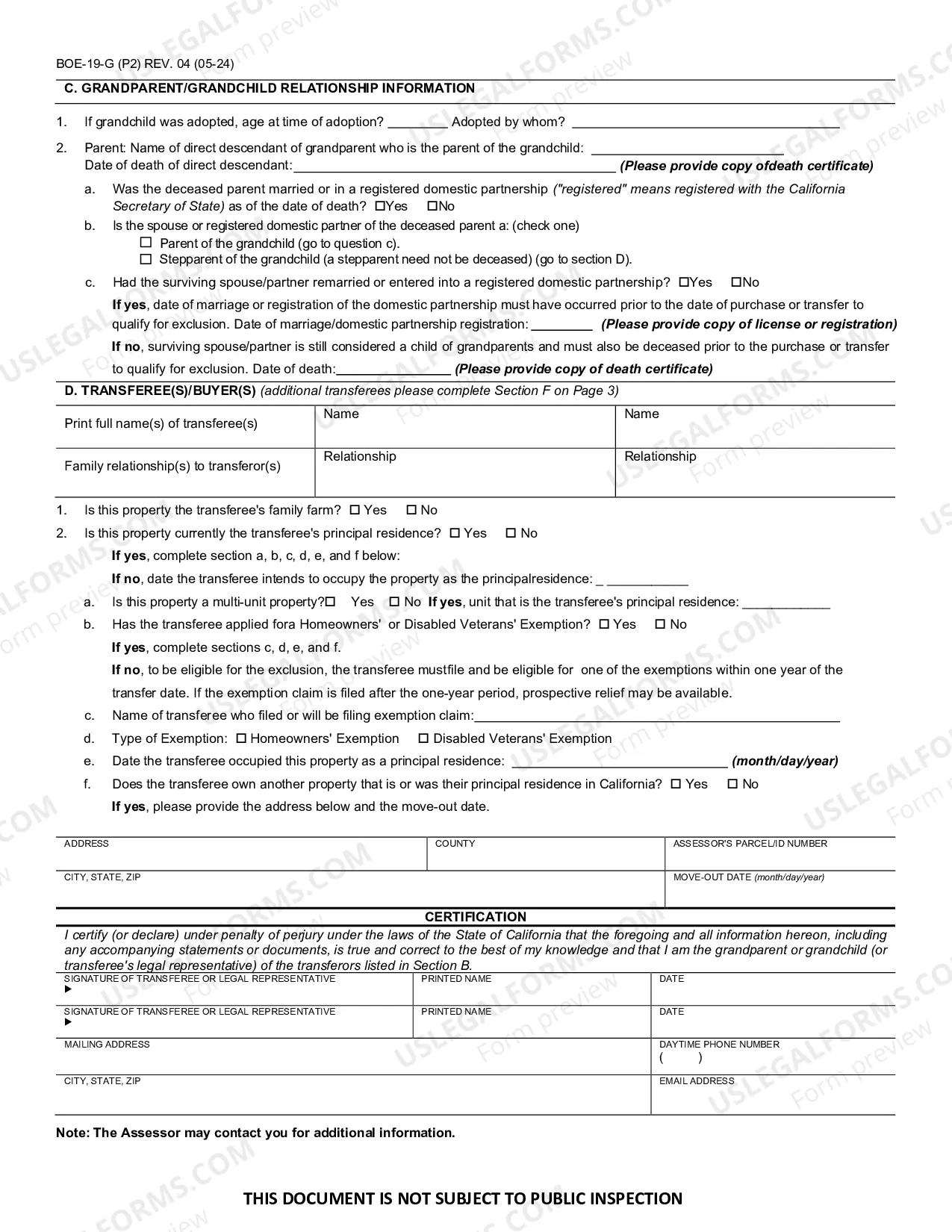 Preview Claim For Reassessment Exclusion For Transfer From Grand Parent To Grandchild (Napa County)