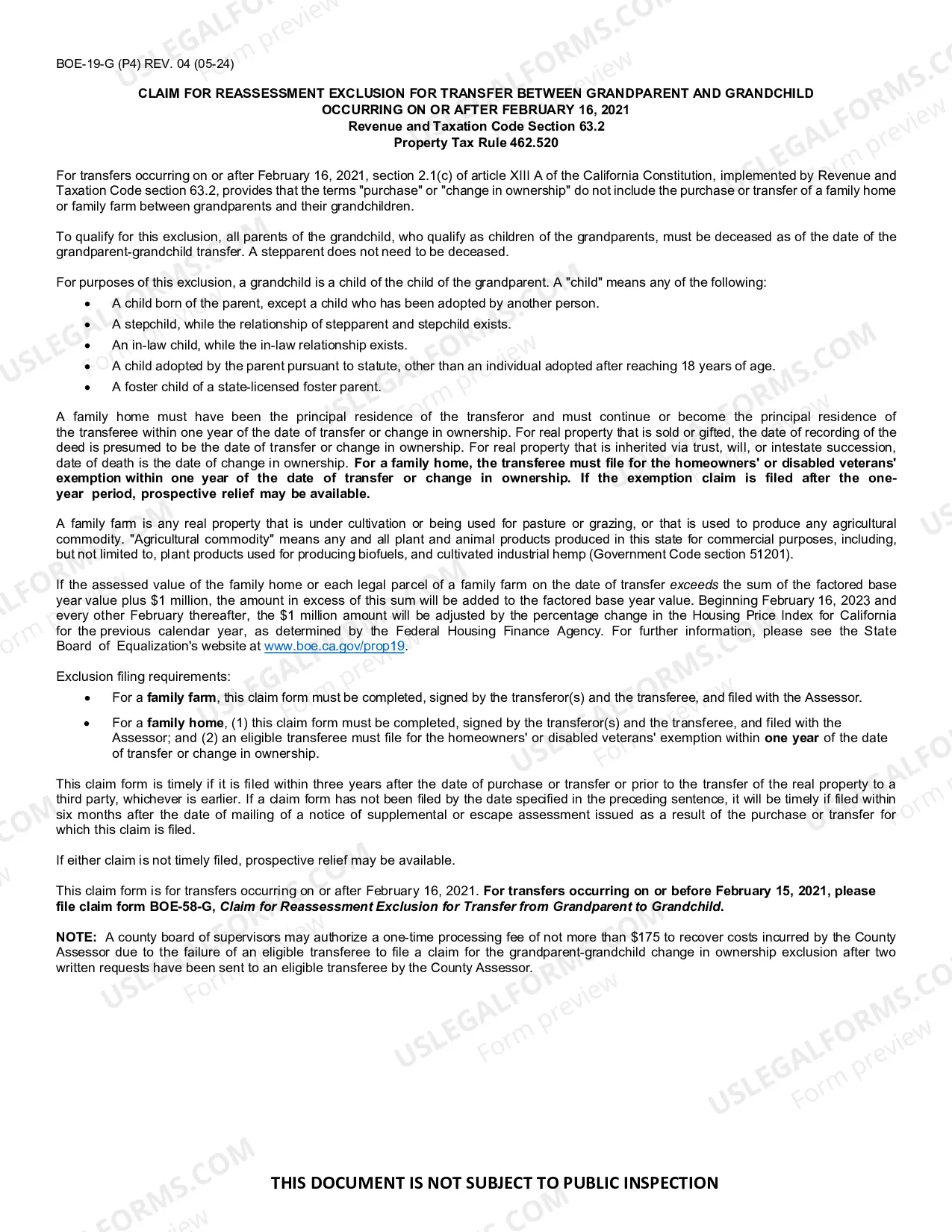 Preview Claim For Reassessment Exclusion For Transfer From Grand Parent To Grandchild (Napa County)