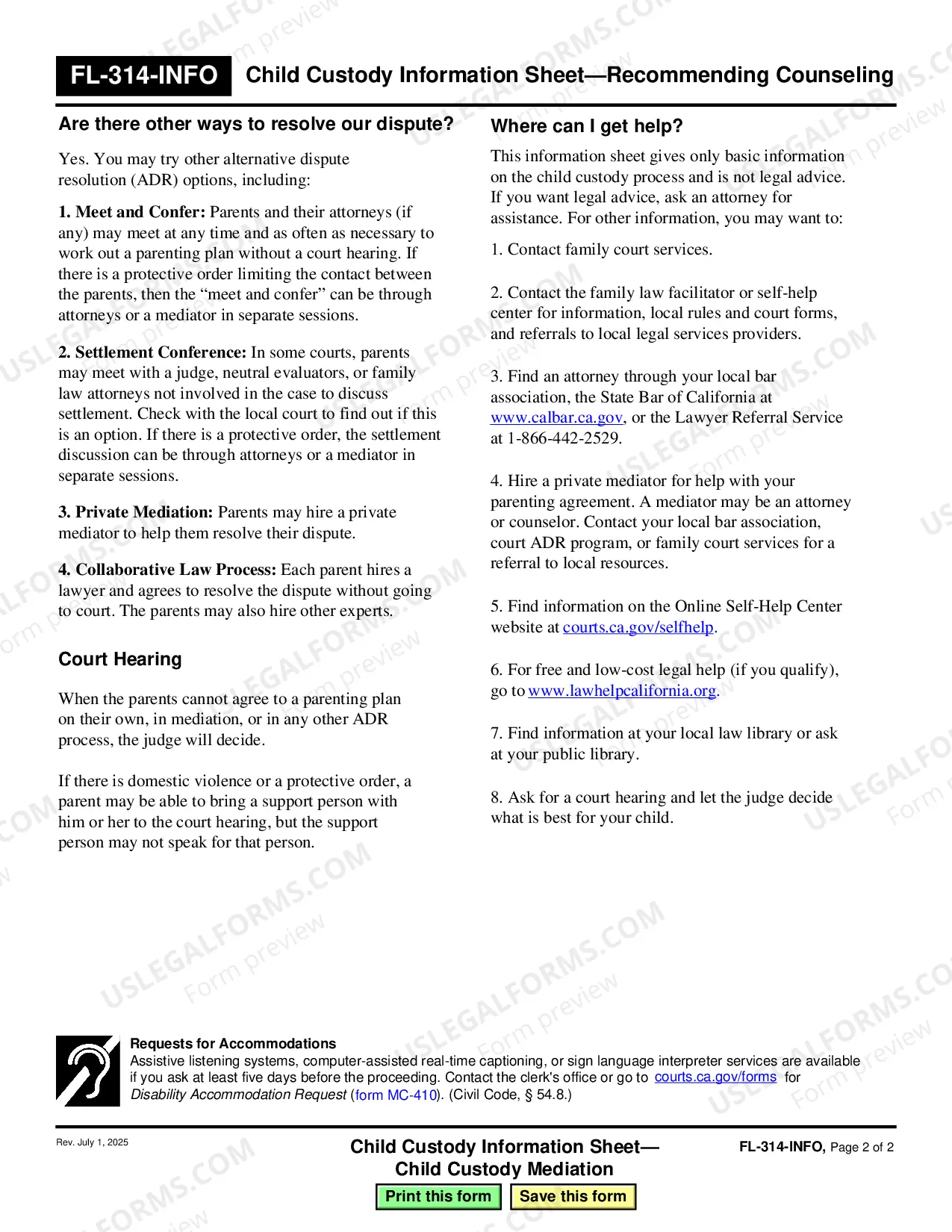 Preview Child Custody Information Sheet-Child Custody Mediation