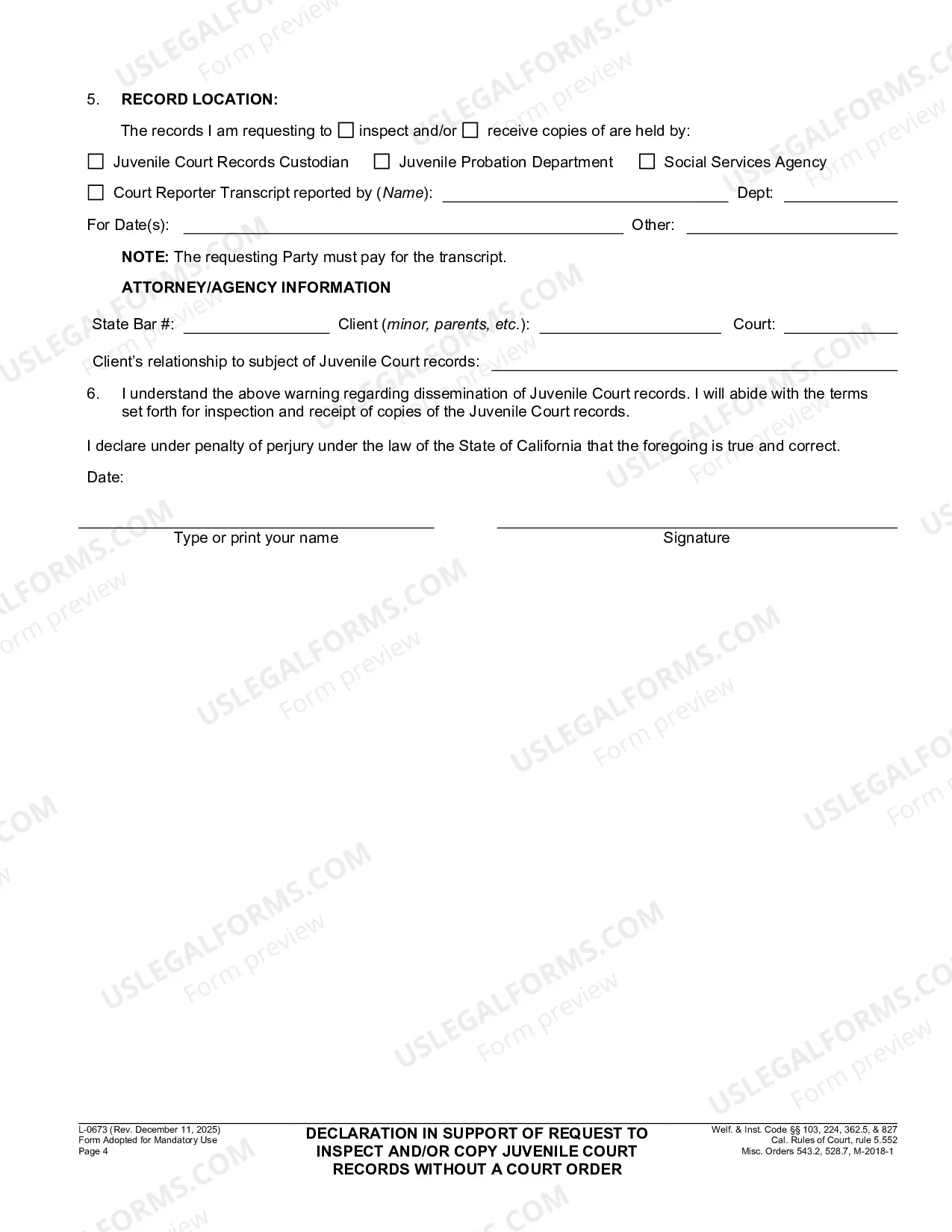 Preview Declaration In Support Of Request To Inspect And-Or Copy Juvenile Court Records