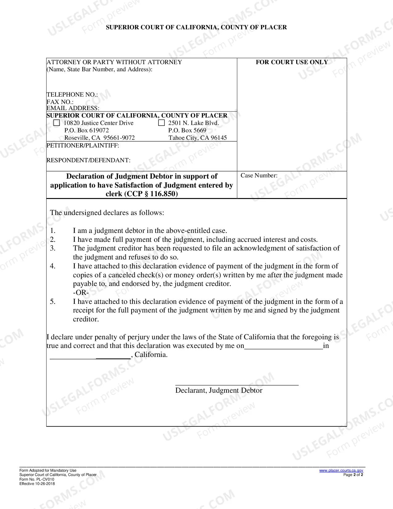 Preview Satisfaction Of Judgment By Clerk (And Declaration)