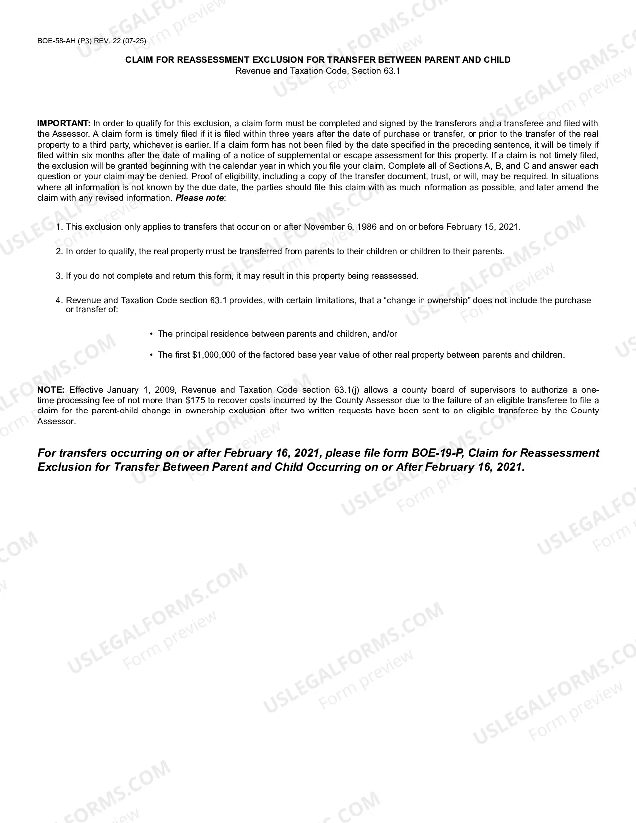 Preview Claim For Reassessment Exclusion For Transfer Between Parent And Child (Riverside)