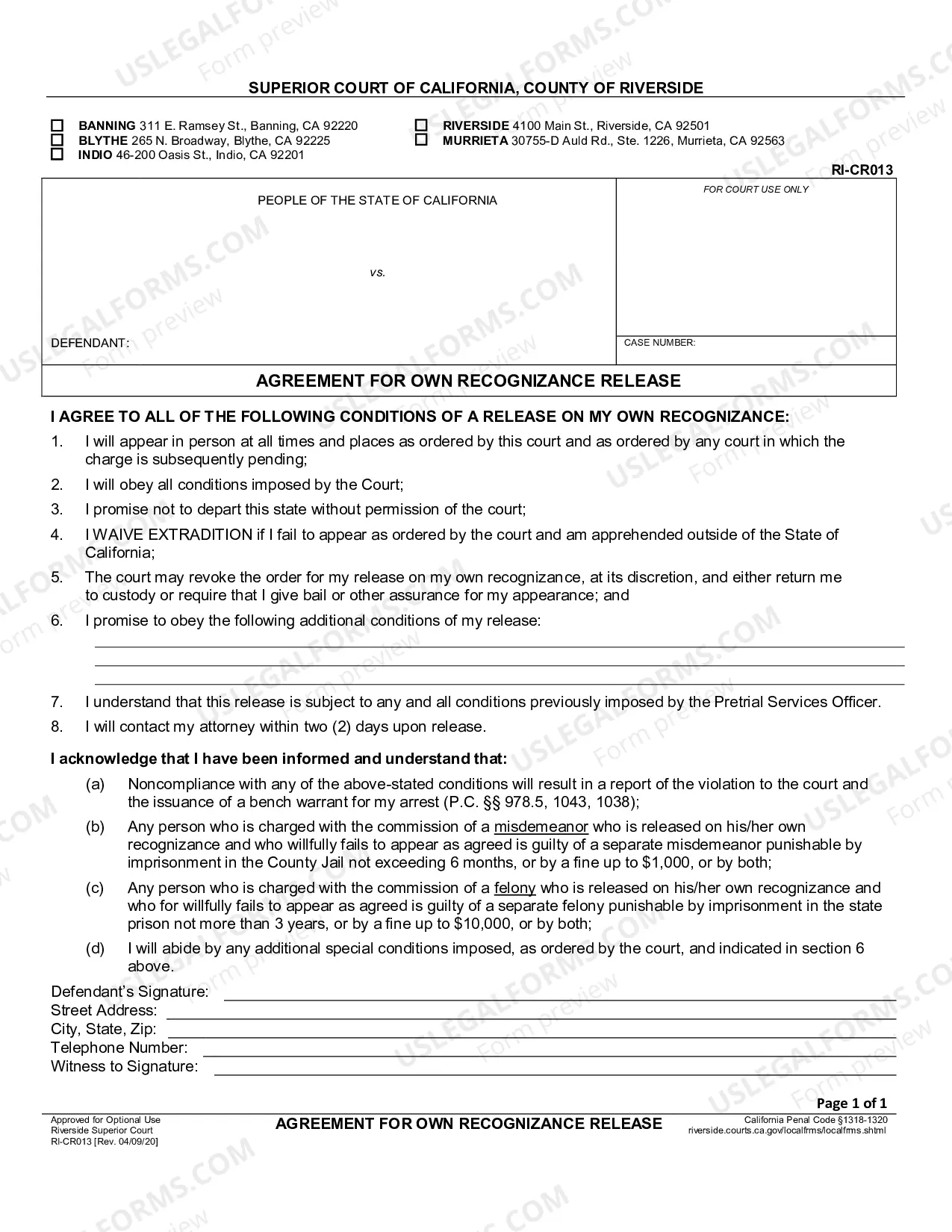 Preview Agreement For Own Recognizance Release (Infractions-Misdemeanors)