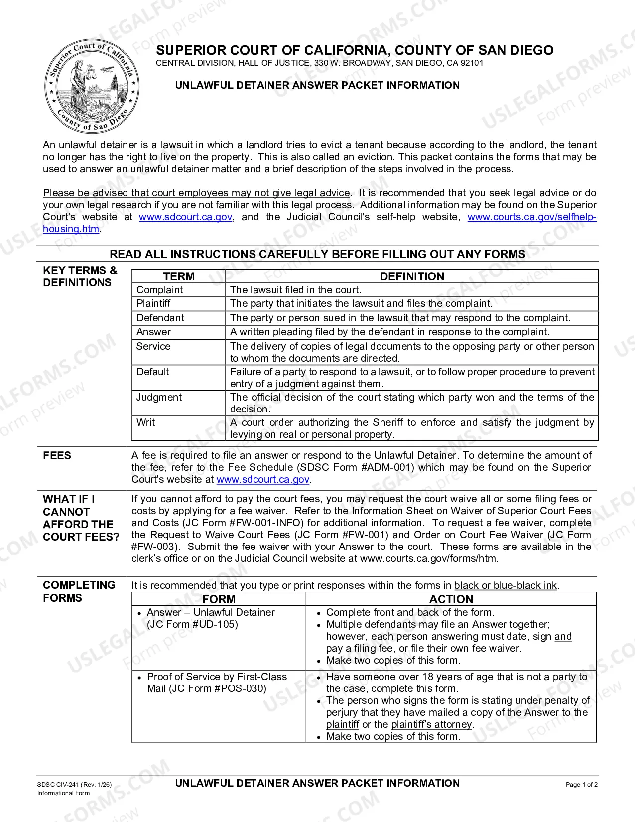 Preview Unlawful Detainer Answer Packet Information