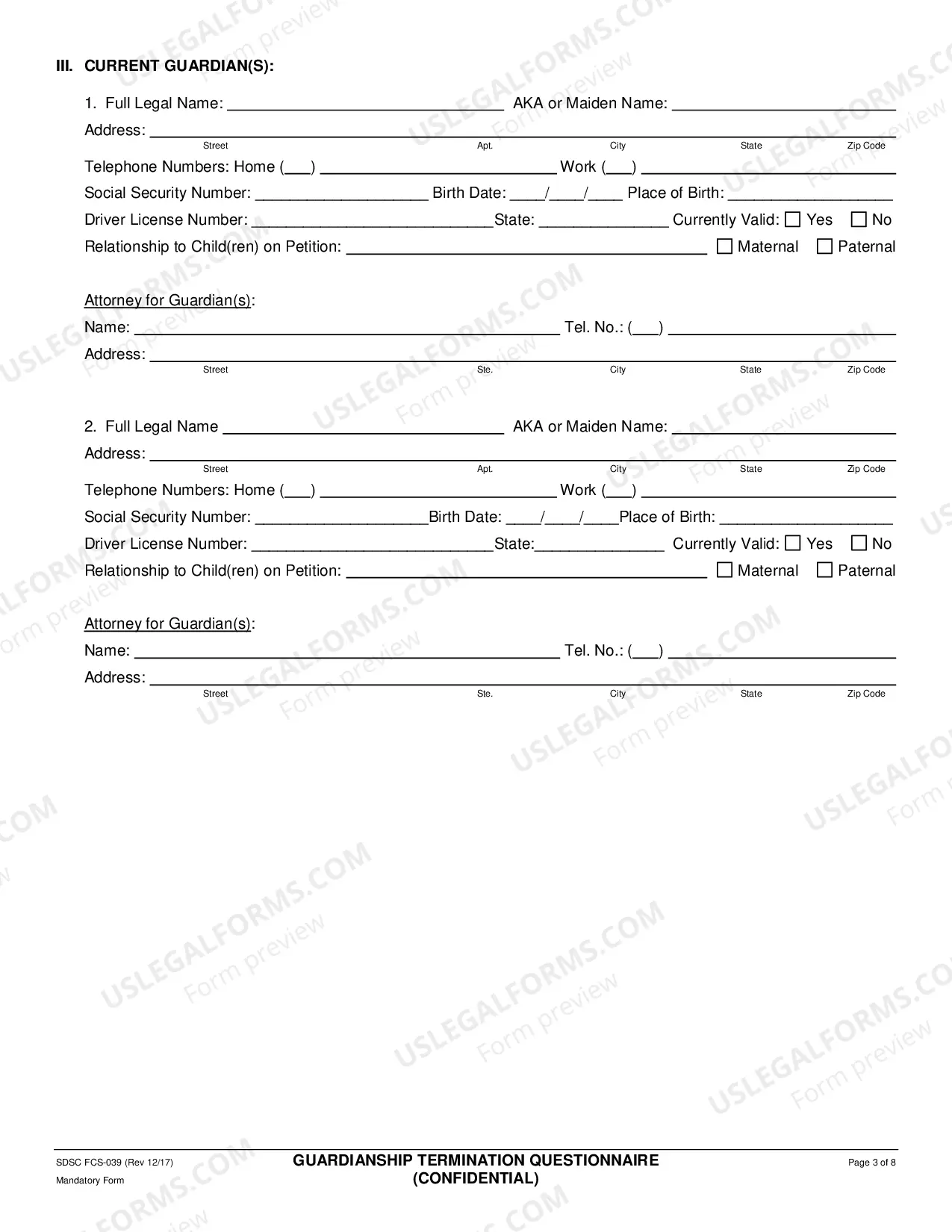 Preview Guardianship Termination Questionnaire