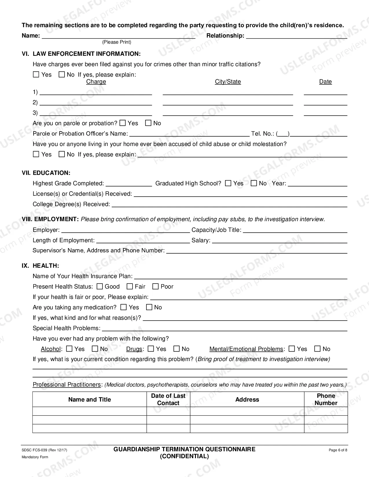 Preview Guardianship Termination Questionnaire