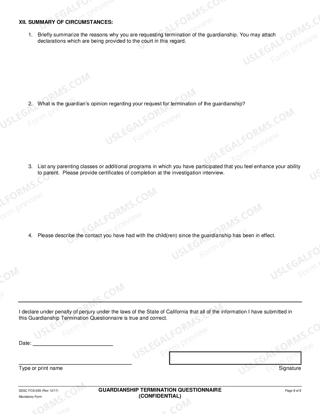 Preview Guardianship Termination Questionnaire