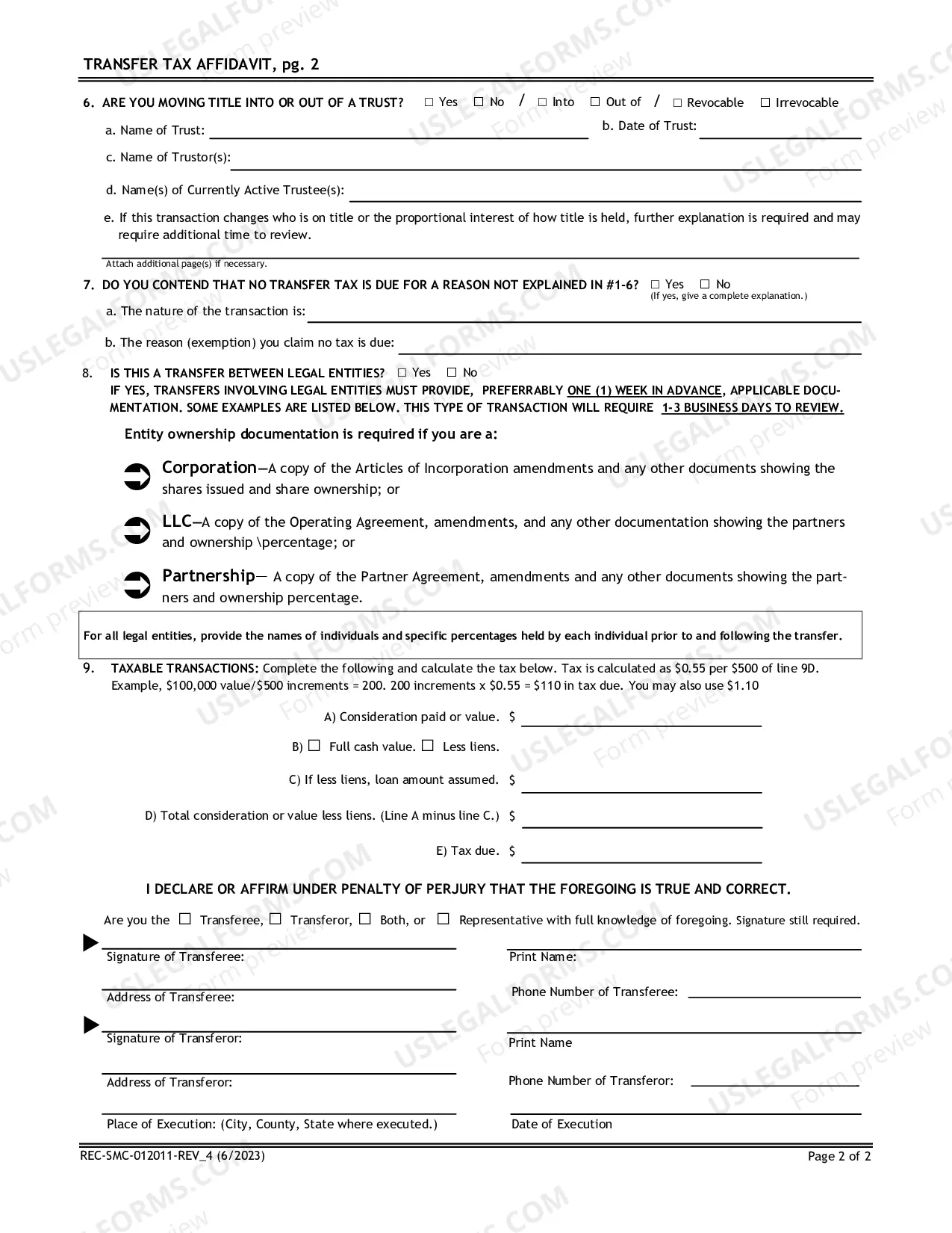 Preview Transfer Tax Affidavit (San Mateo)