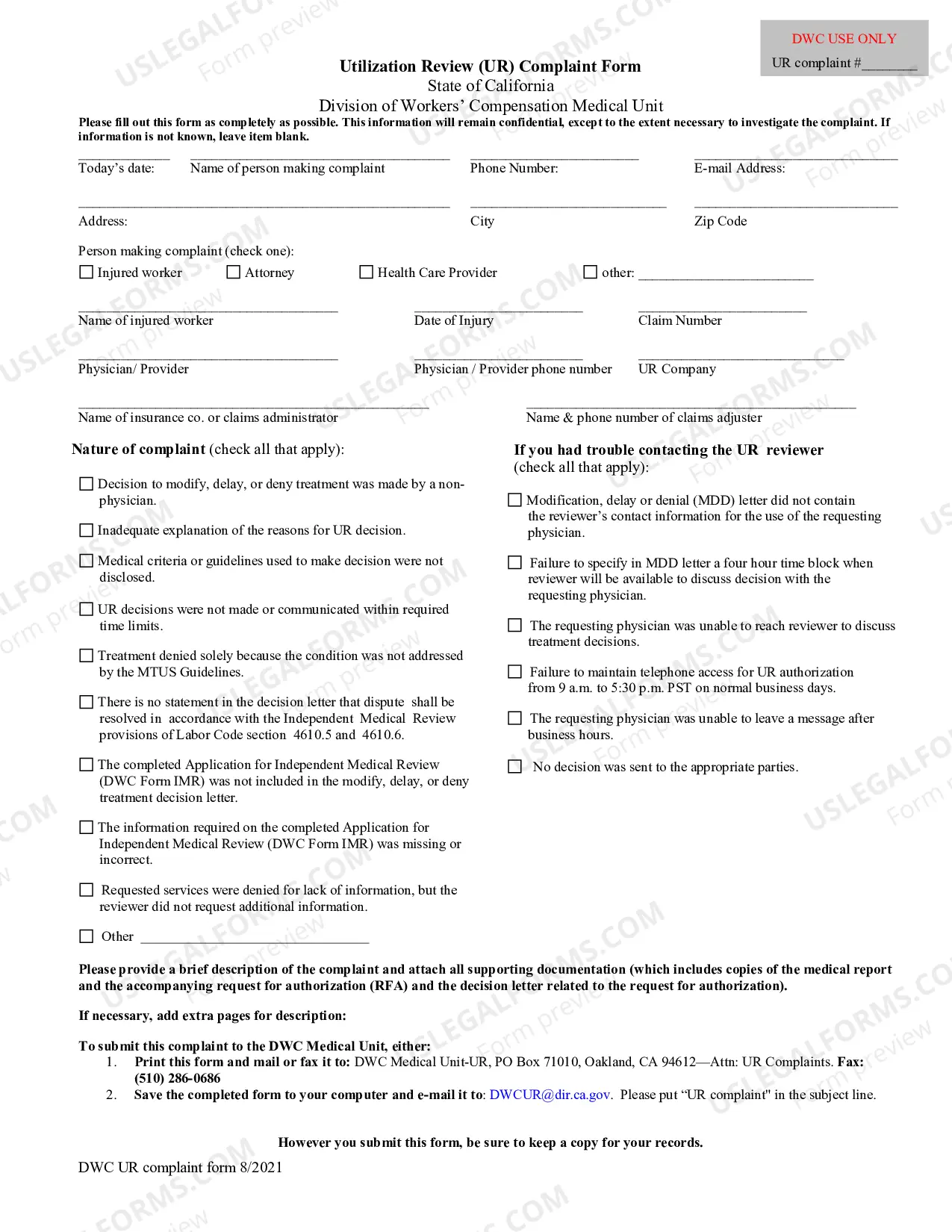 Preview Utilization Review (UR) Complaint Form