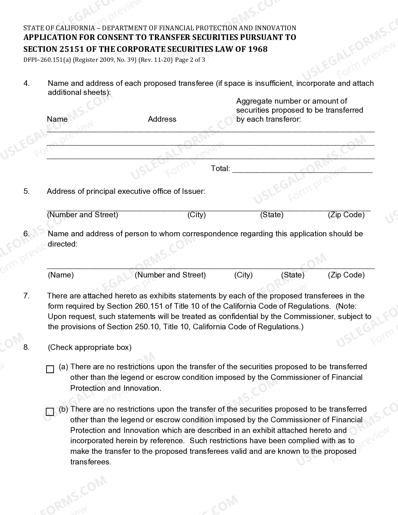 Preview Application For Consent To Transfer Securities Pursuant To Section 25151