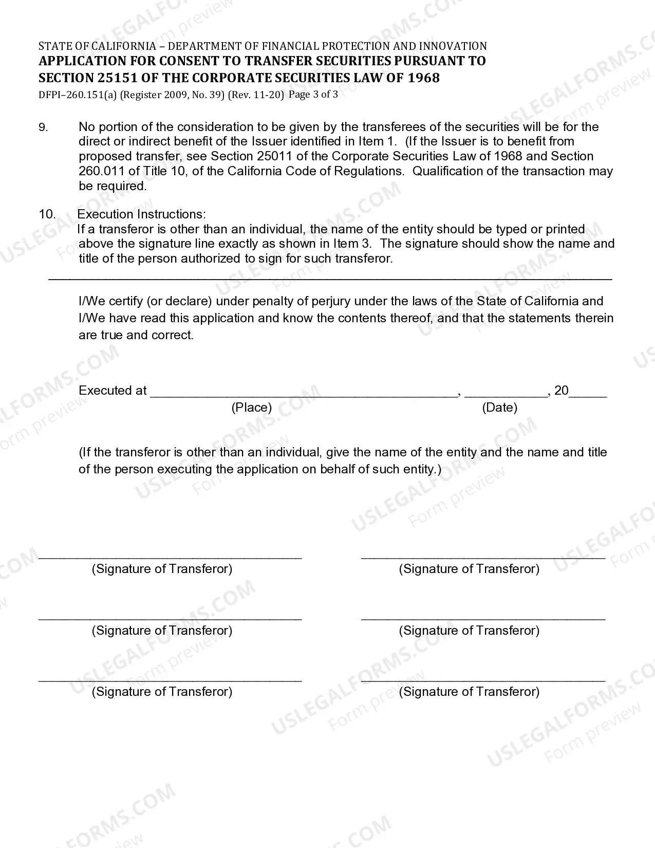 Preview Application For Consent To Transfer Securities Pursuant To Section 25151