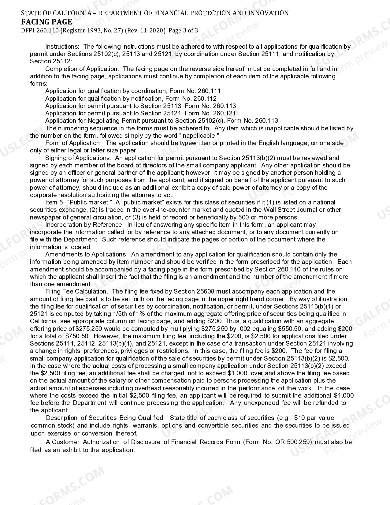 Preview Facing Page Application For Qualification Of The Offer And Sale Of Securities