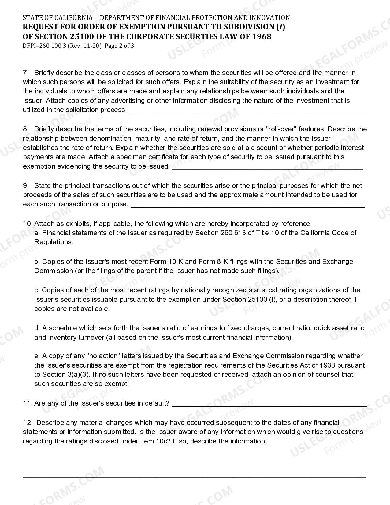 Preview Request For Order Of Exemption Pursuant To Subdivision 1 Of Section 25100