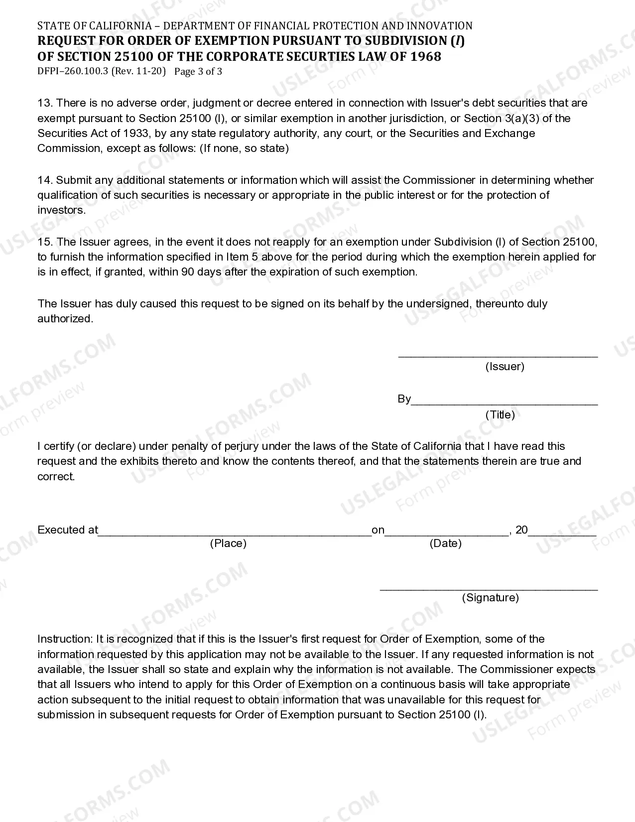 Preview Request For Order Of Exemption Pursuant To Subdivision 1 Of Section 25100