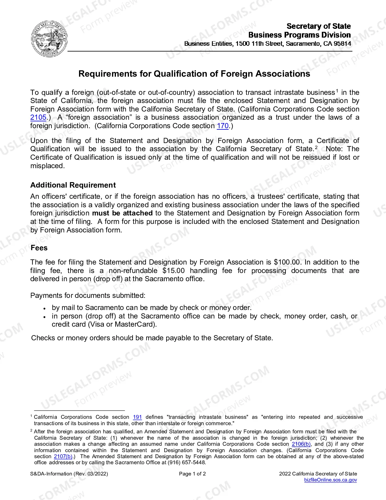Preview Statement And Designation By Foreign Association (Business Trust)