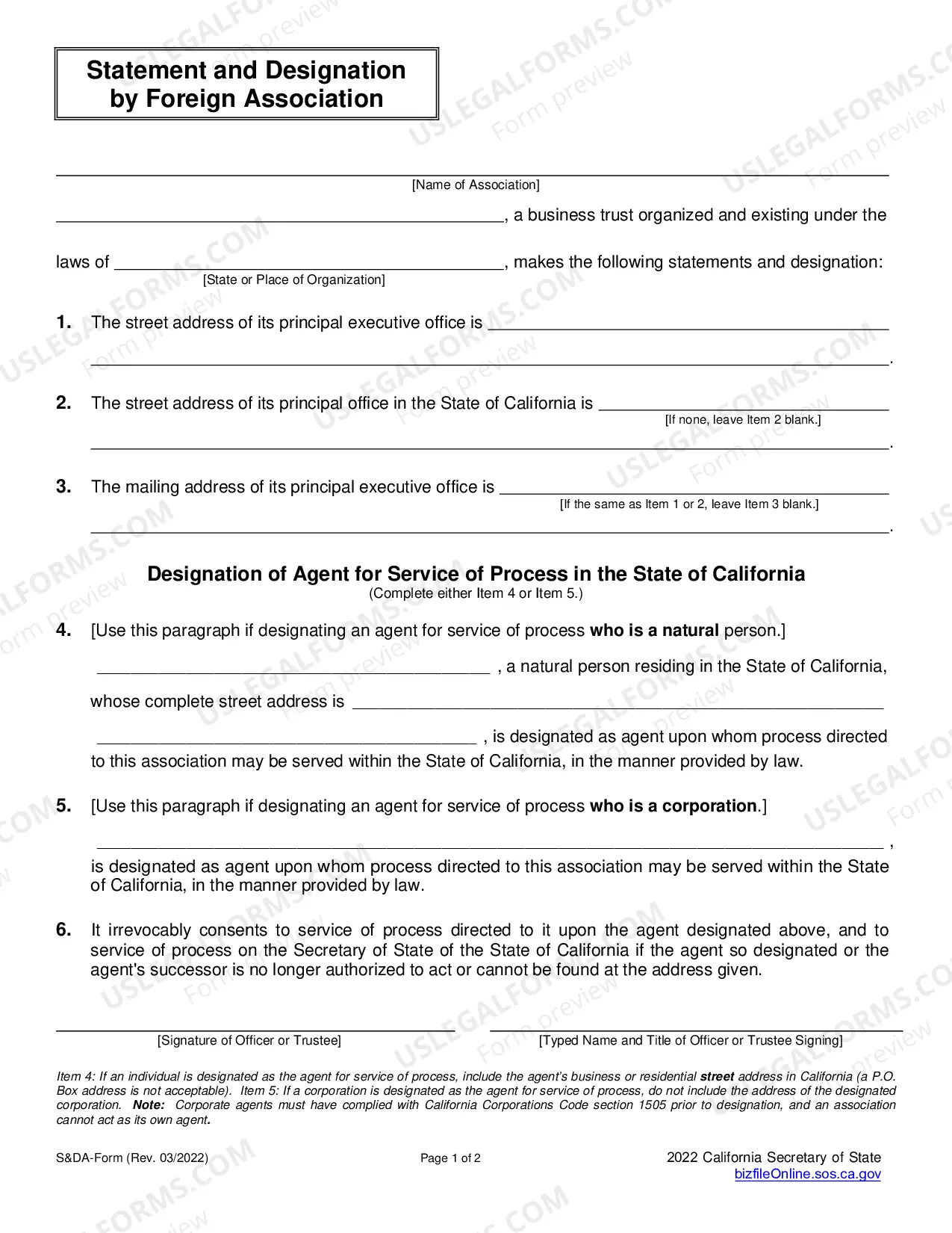 Preview Statement And Designation By Foreign Association (Business Trust)
