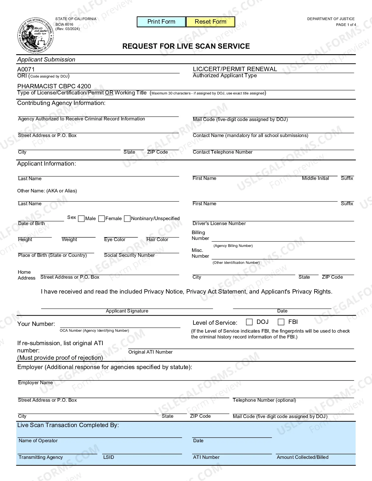Preview Request For Live Scan Service (Board Of Pharmacy)