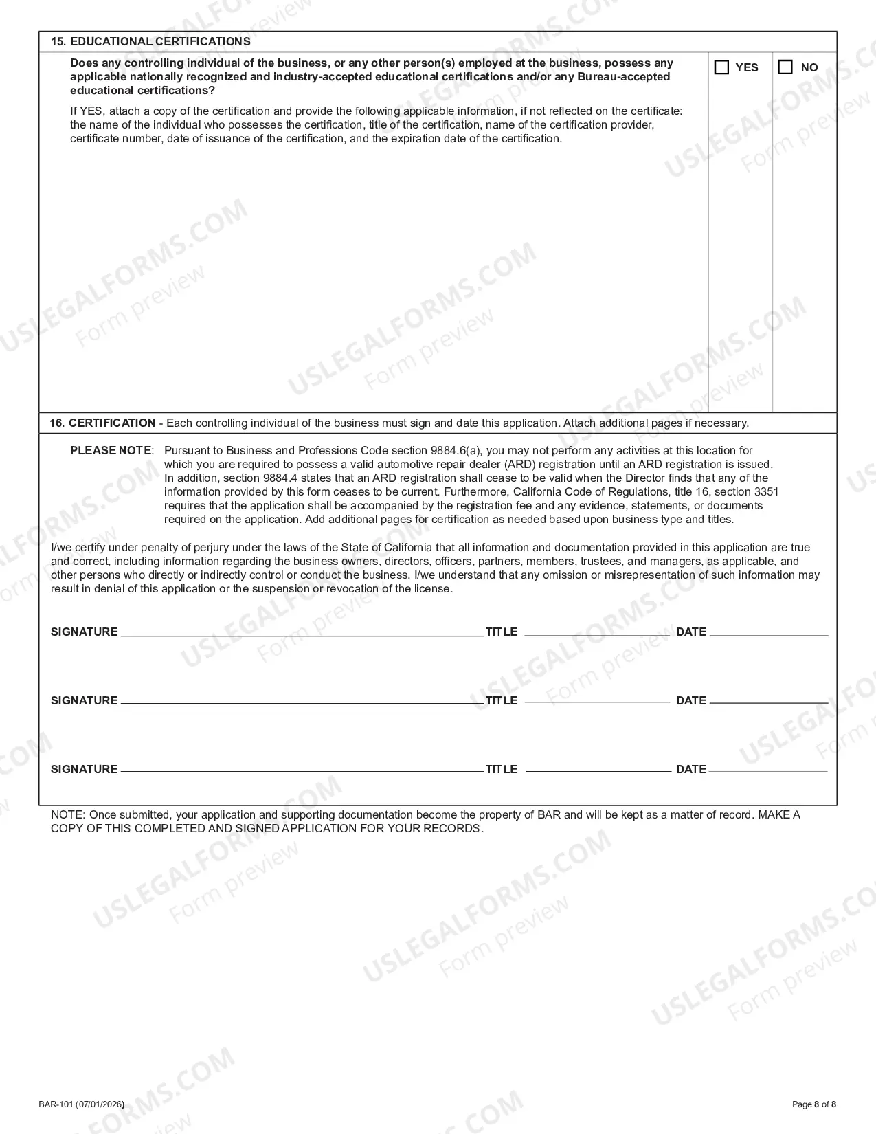 Preview Application For Automotive Repair Dealer Registration