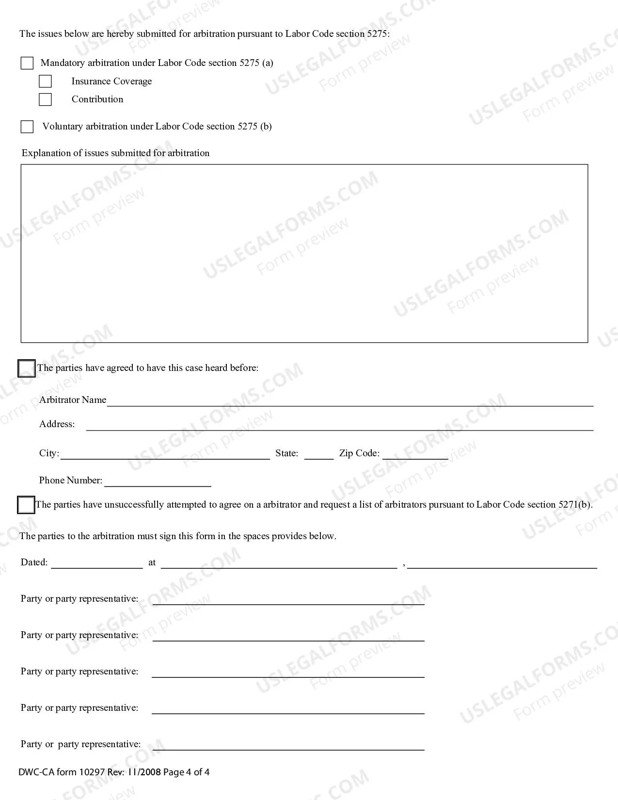 Preview Arbitration Submittal Form