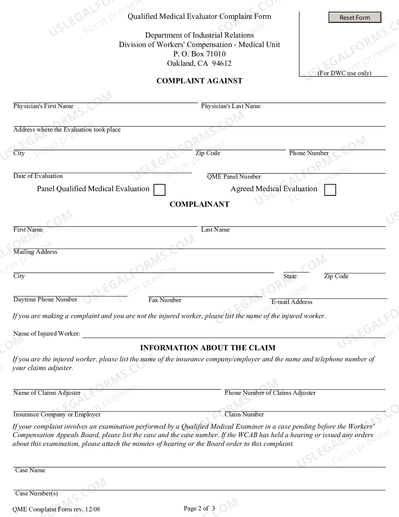 Preview Qualified Medical Evaluator Complaint Form