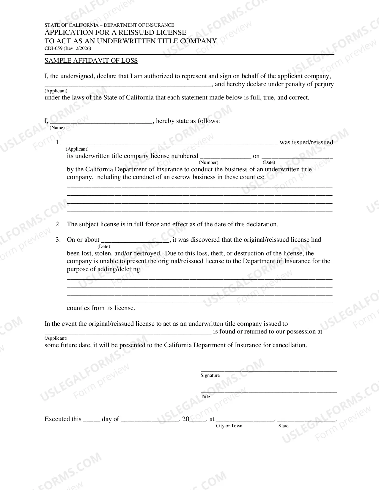 Preview Application For A Reissued License To Act As An Underwritten Title Company