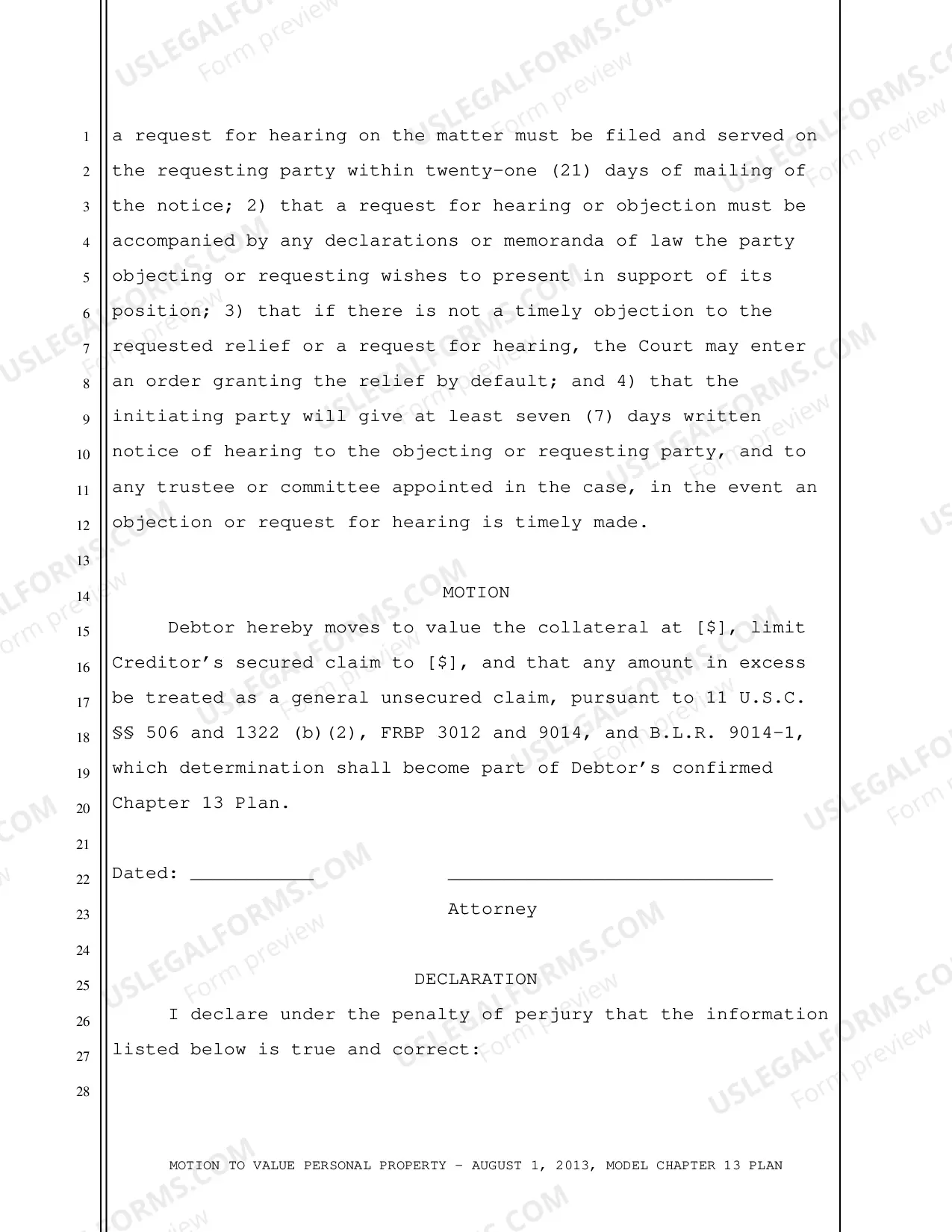 Preview Motion To Value Personal Property (8-1-2013 Model Chapter 13 Plan)