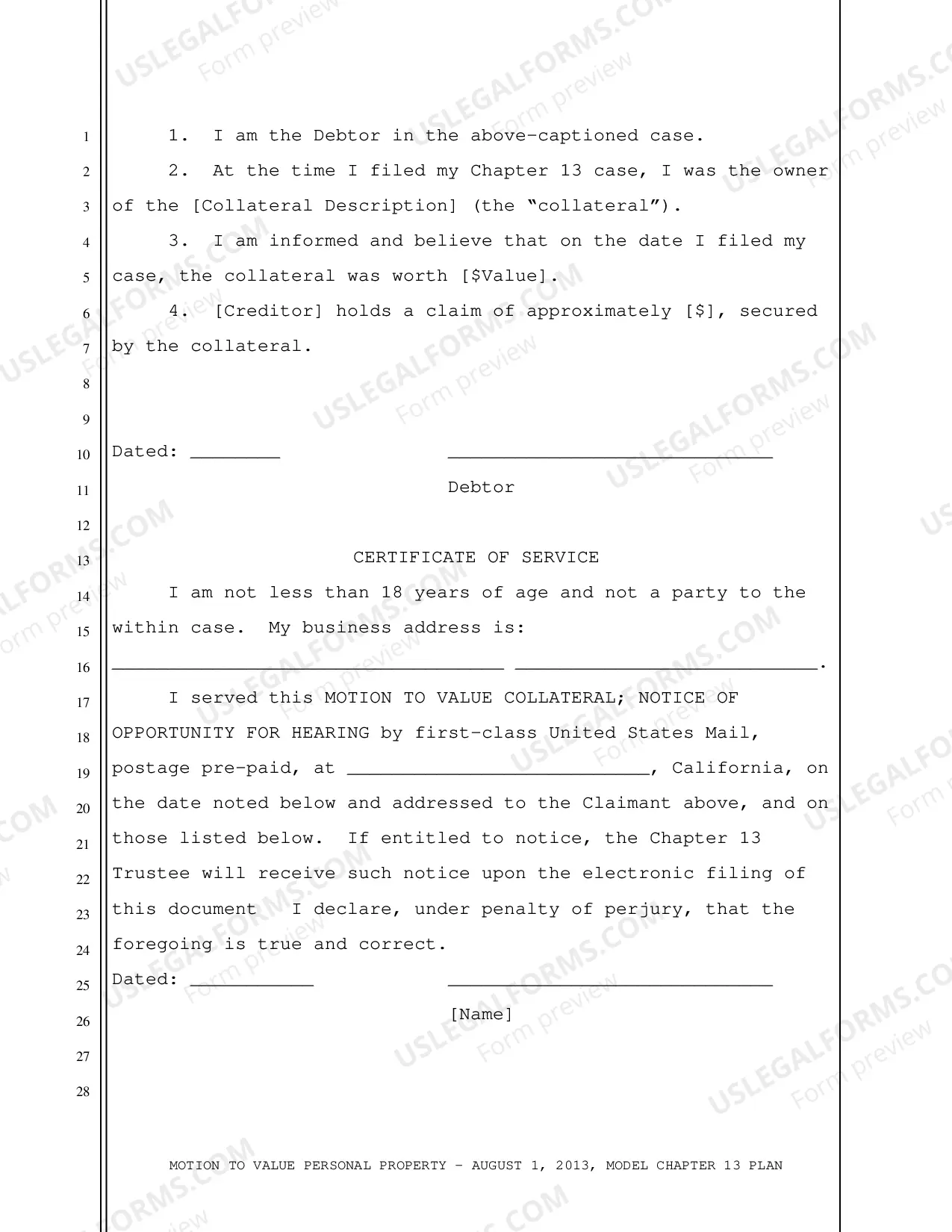 Preview Motion To Value Personal Property (8-1-2013 Model Chapter 13 Plan)