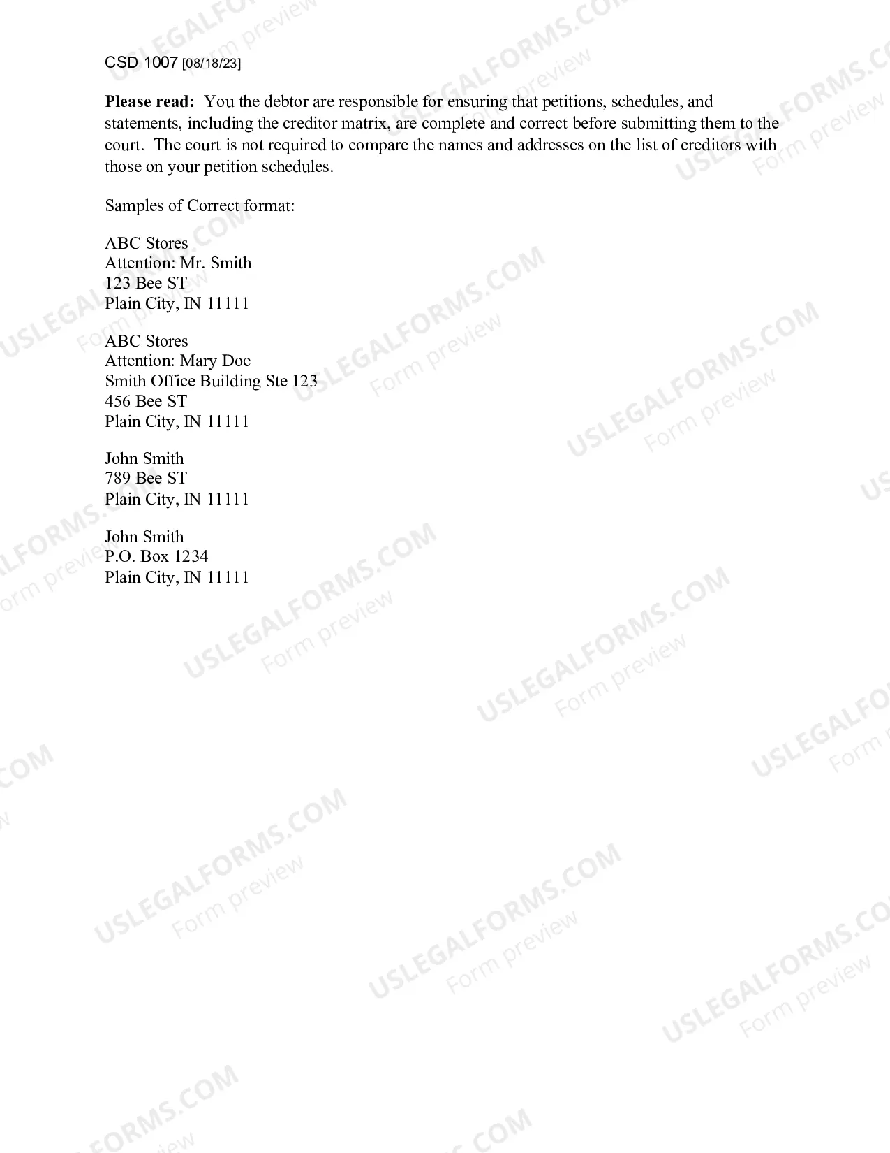 Preview Creditor Matrix Instructions