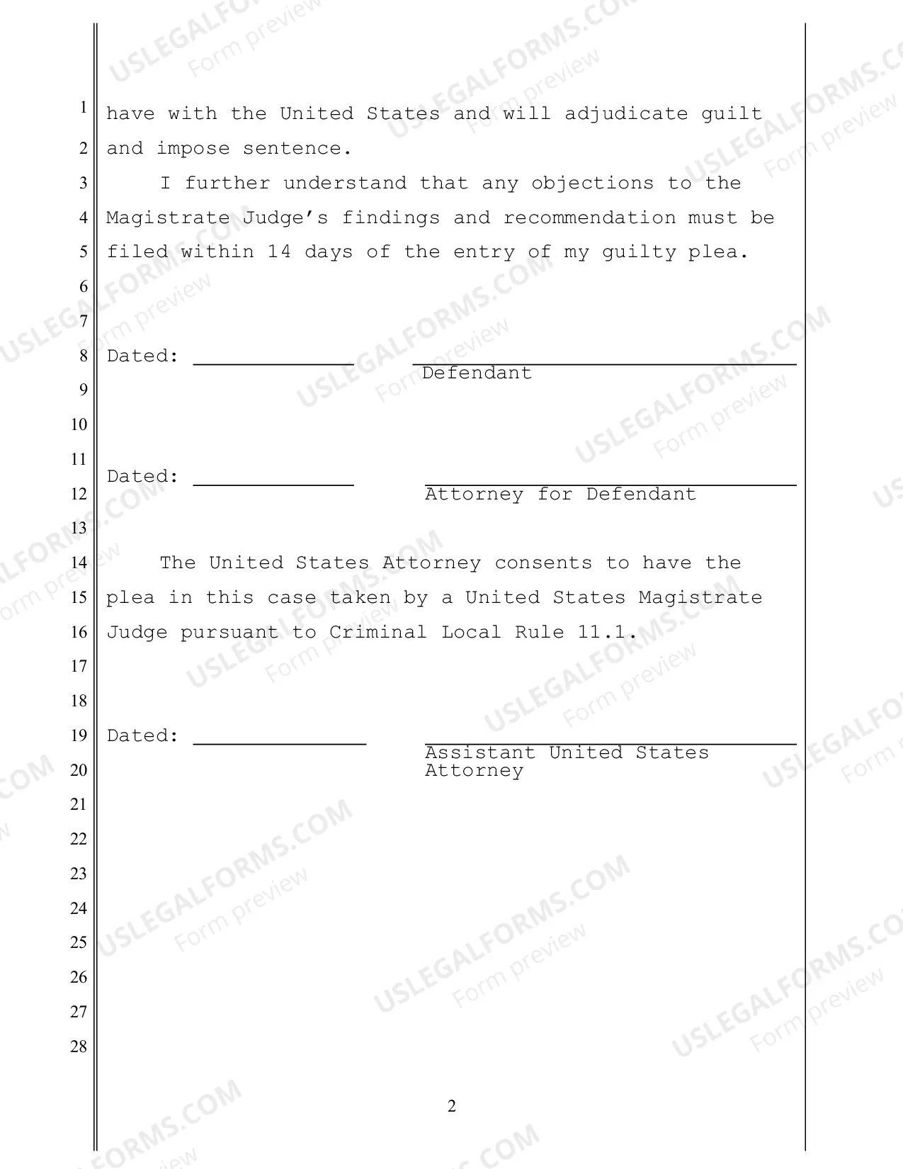 Preview Consent To Rule 11 Plea In A Felony Case Before United States Magistrate Judge